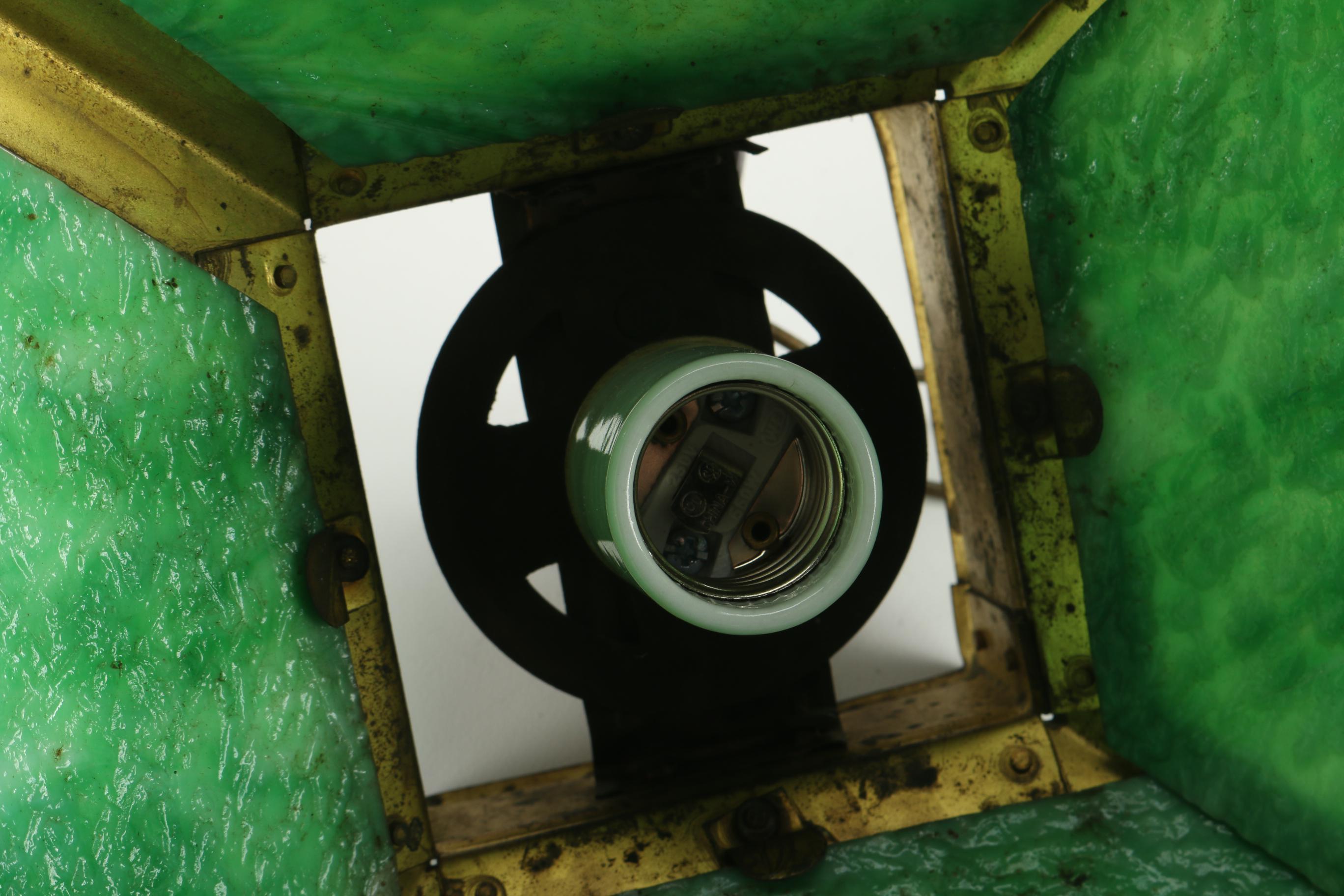 Vintage Hanging Light With Green Slag Glass Panels