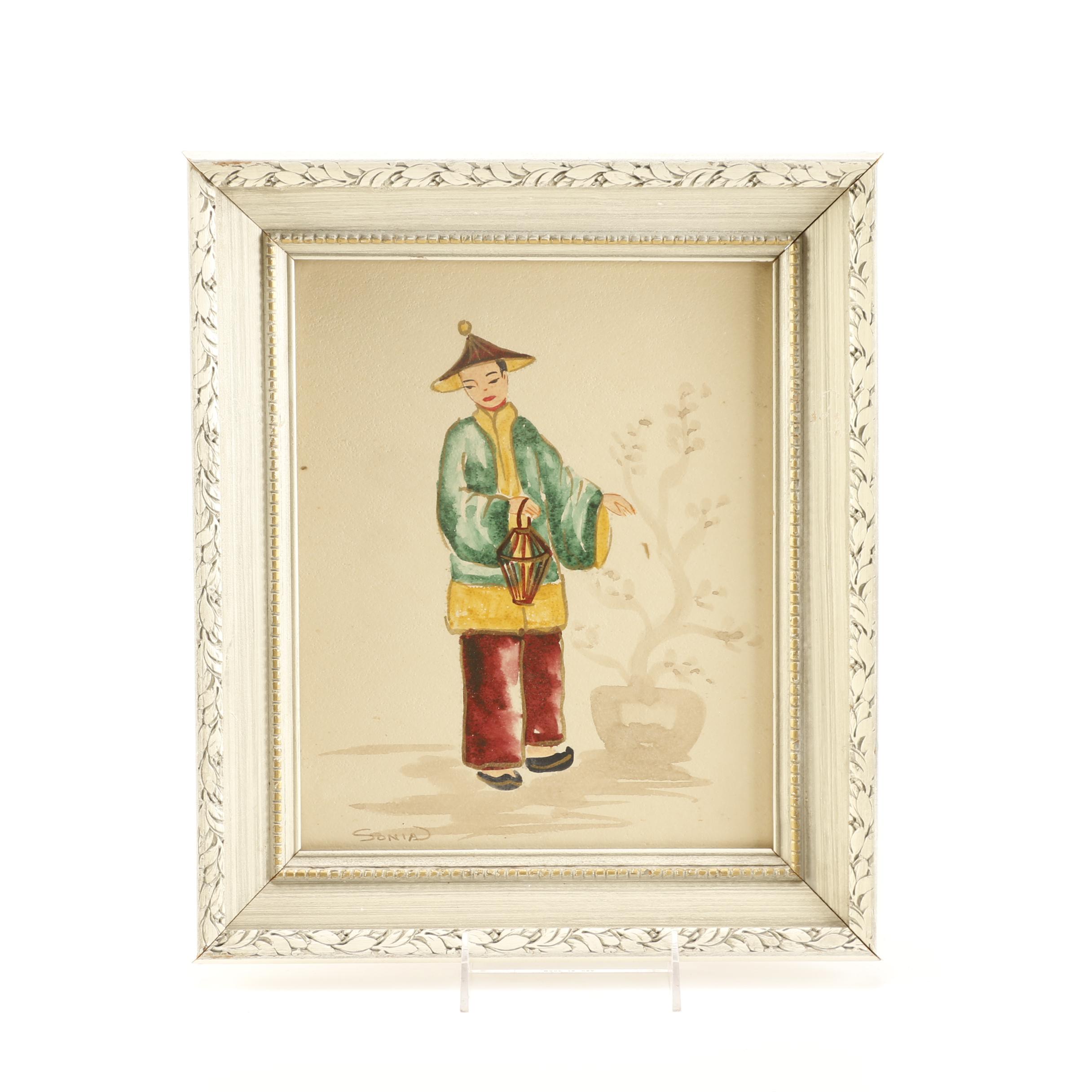 Original Signed Watercolor of East Asian Man With Lantern