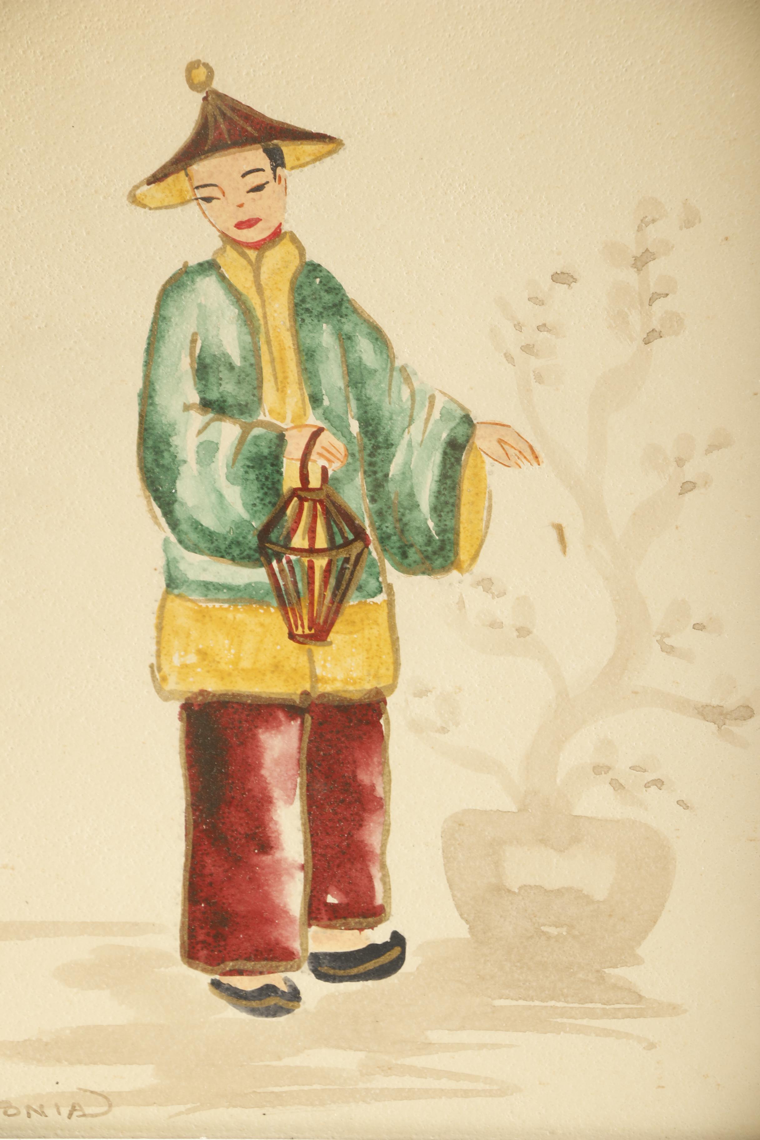 Original Signed Watercolor of East Asian Man With Lantern