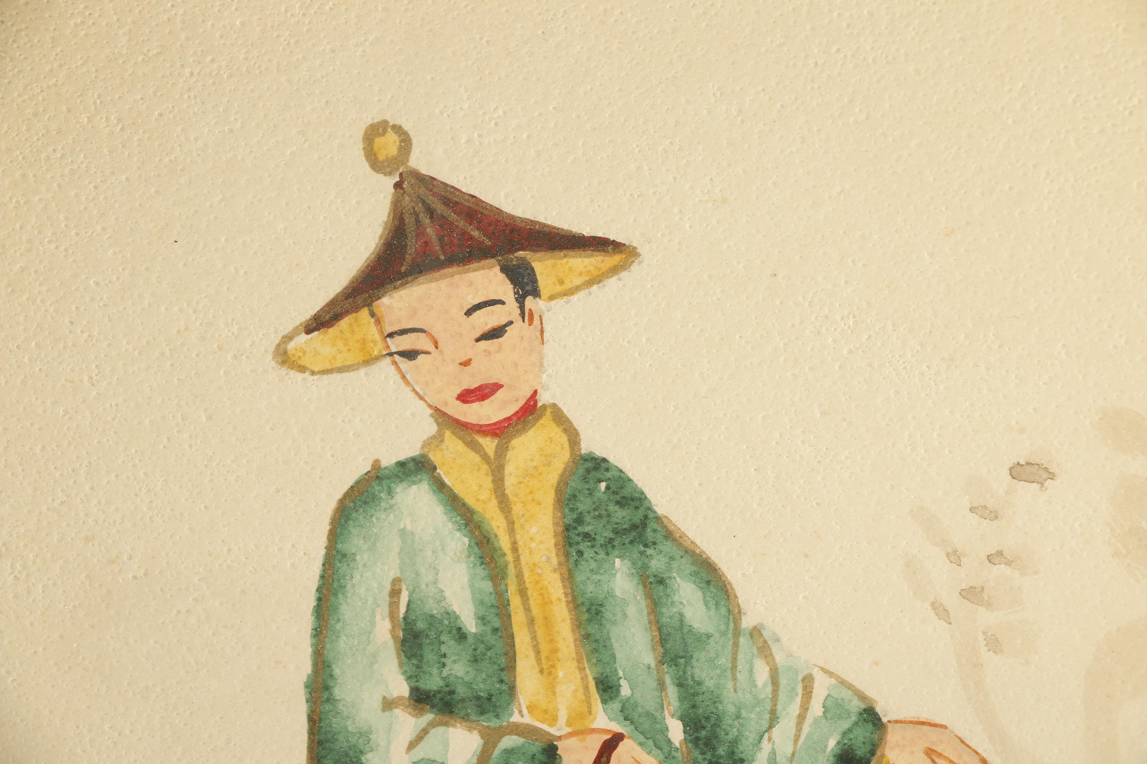 Original Signed Watercolor of East Asian Man With Lantern