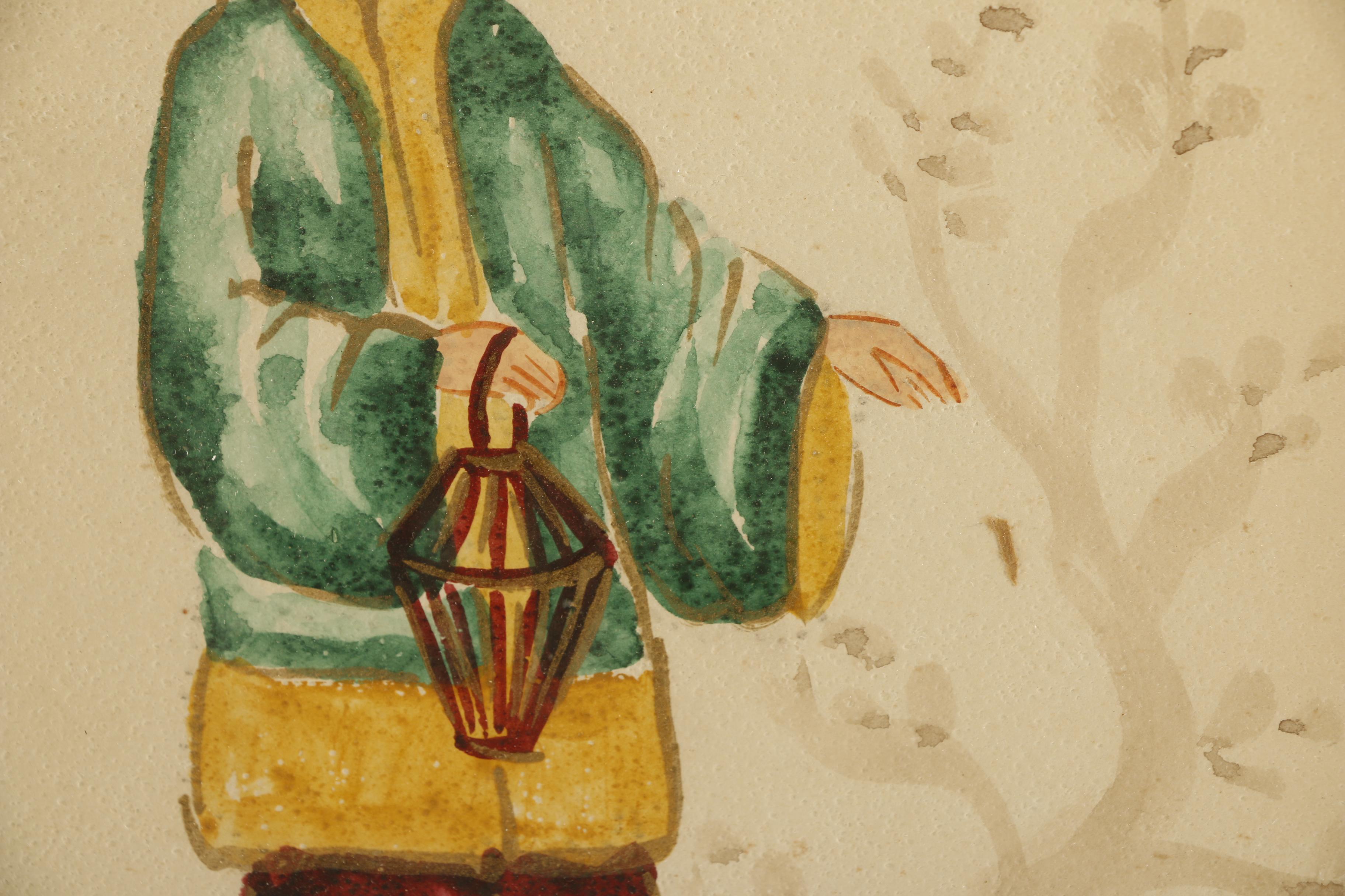 Original Signed Watercolor of East Asian Man With Lantern
