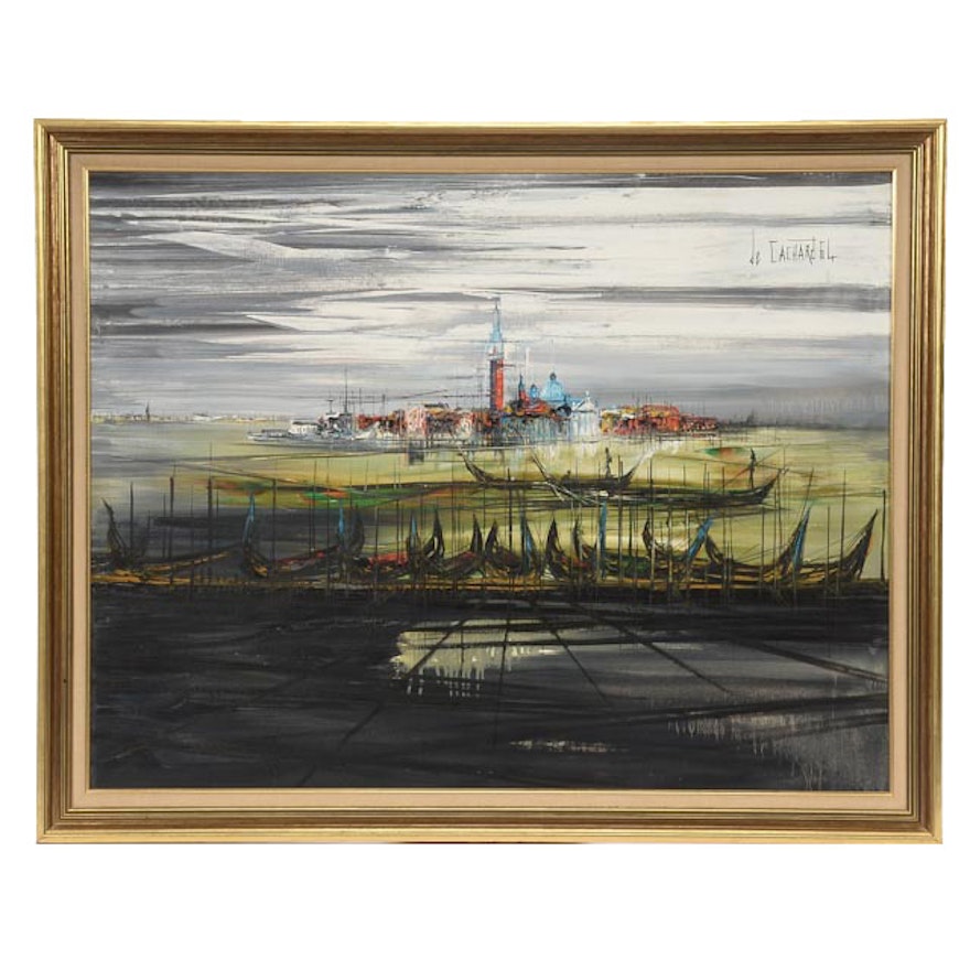 Regis de Bouvier De Cachard Original 1964 Oil on Canvas of Harbor Scene