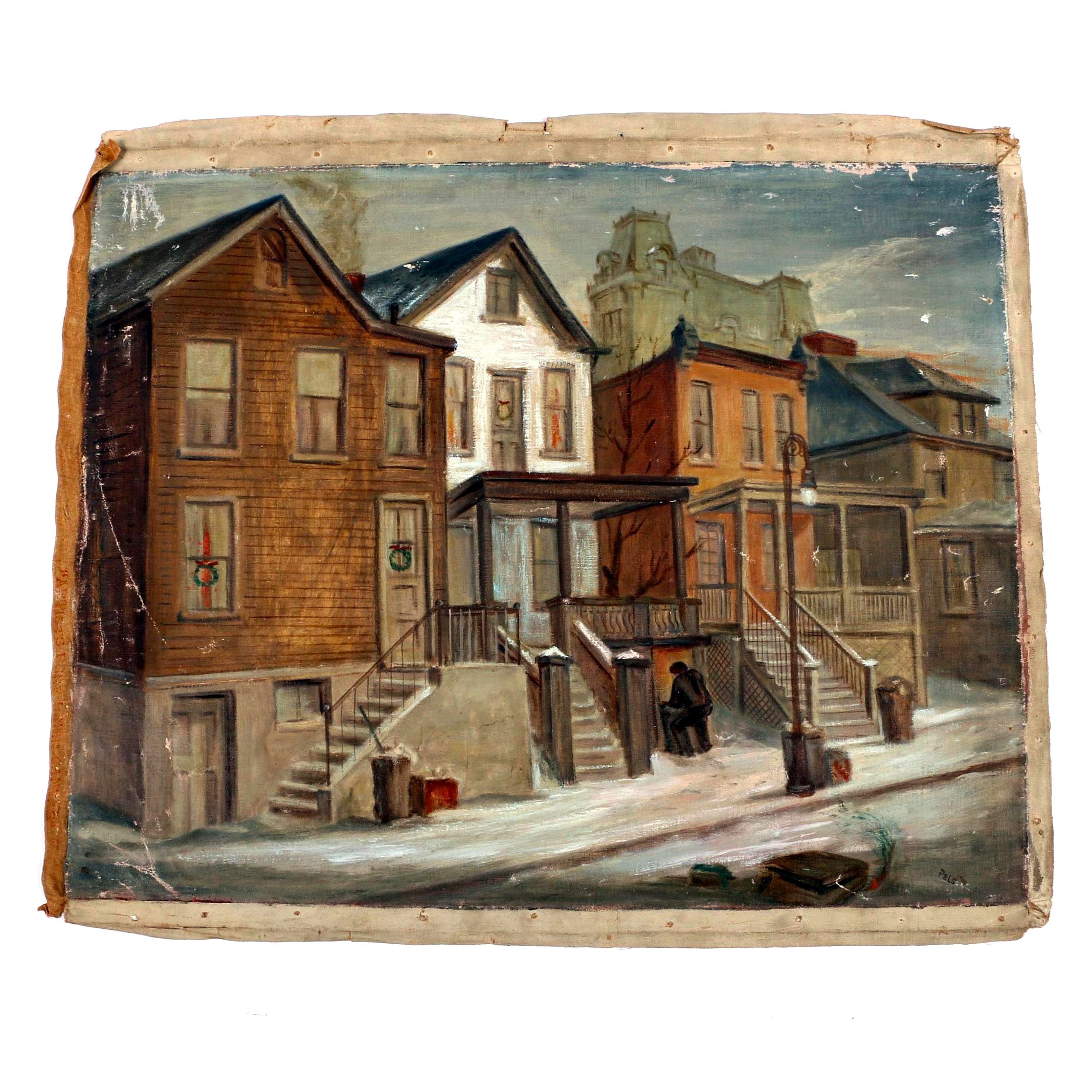 Albert Pels Oil Painting on Unstretched Canvas of Cincinnati Row Houses