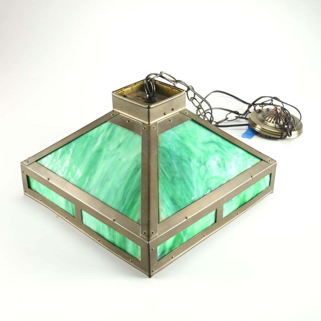 Vintage Hanging Light With Green Slag Glass Panels