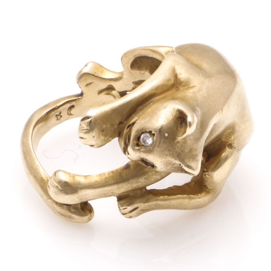 14K Yellow Gold Cat Ring With Diamond Eyes