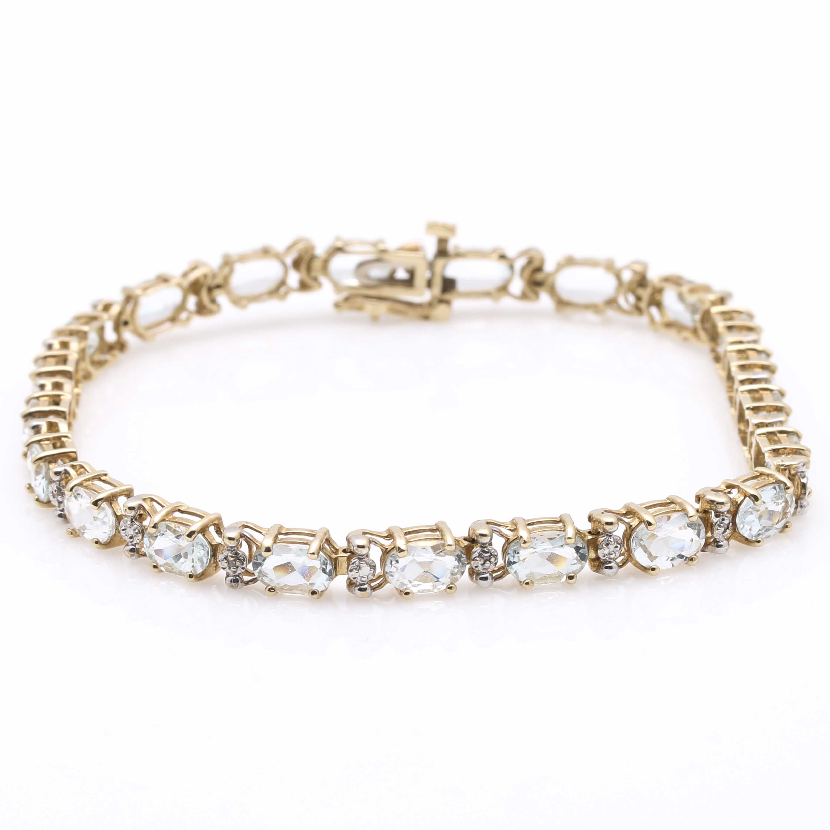 10K Two-Tone Gold Diamond and Aquamarine Line Bracelet