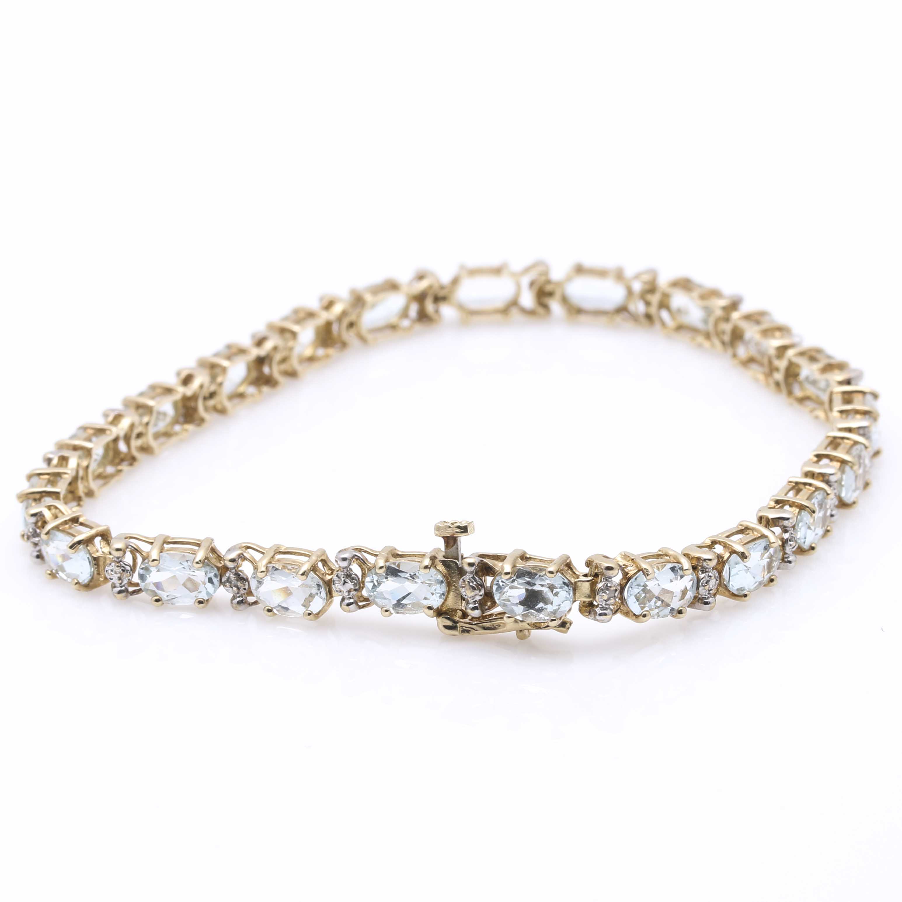 10K Two-Tone Gold Diamond and Aquamarine Line Bracelet