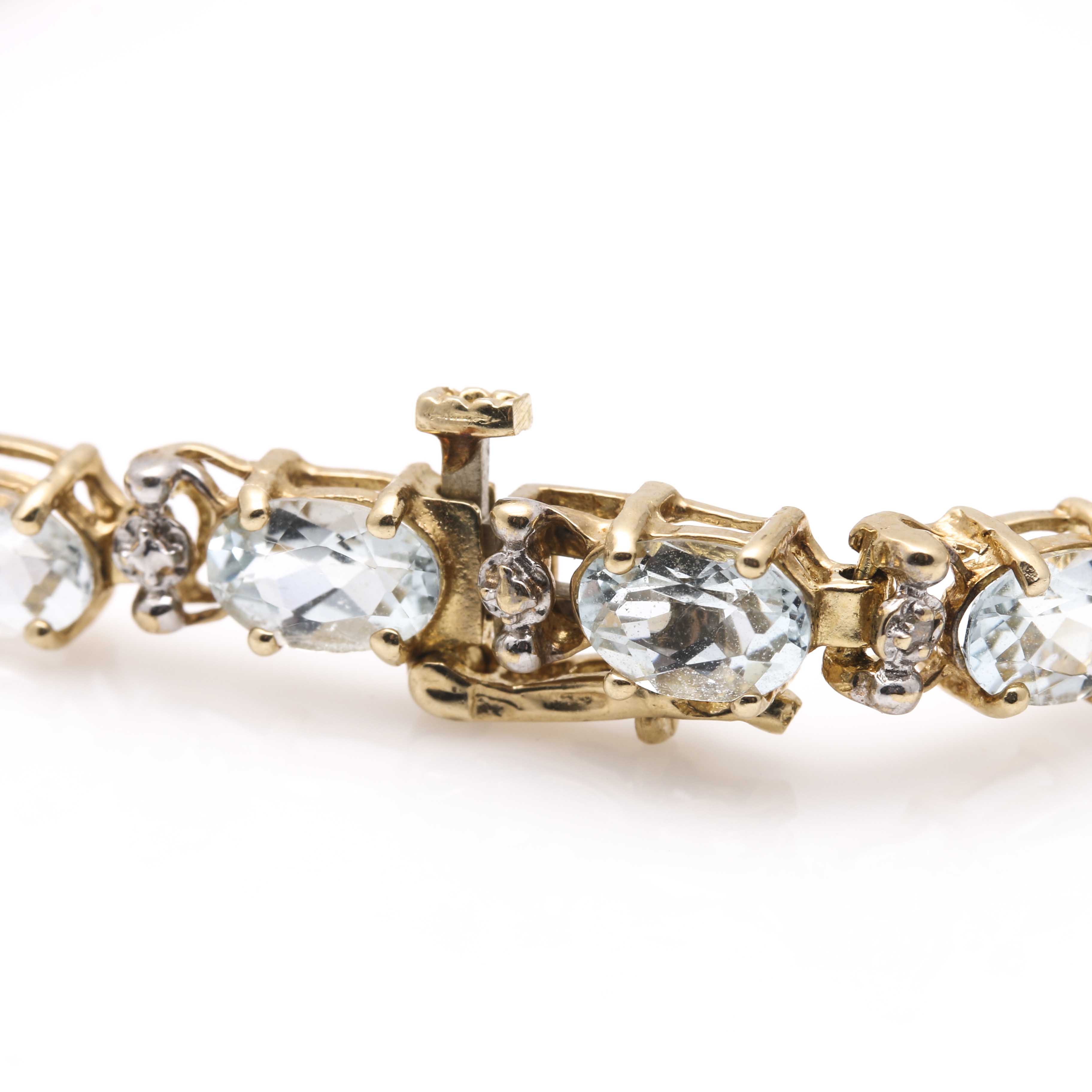 10K Two-Tone Gold Diamond and Aquamarine Line Bracelet