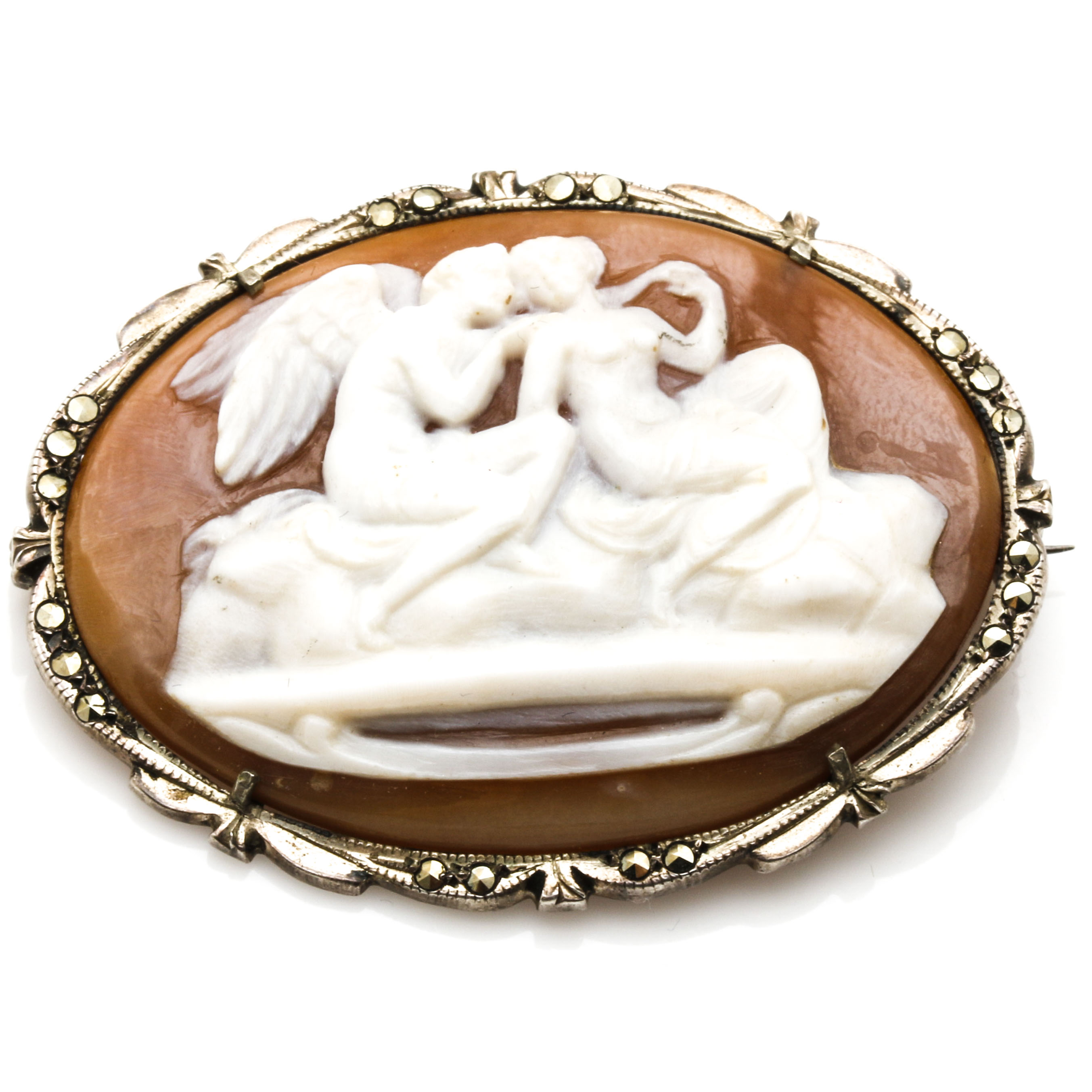 800 Silver and Shell Angel Cameo Brooch with Marcasite