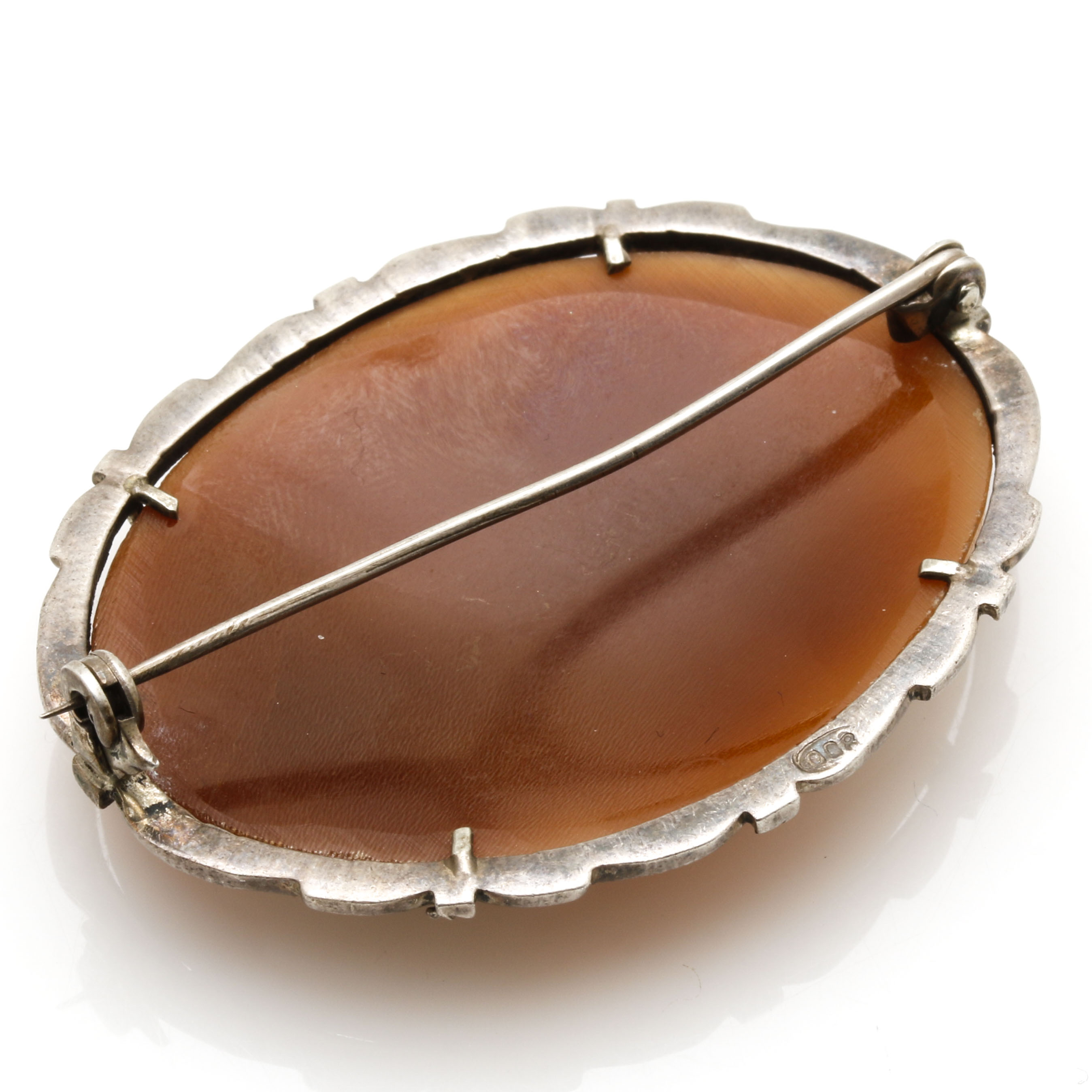 800 Silver and Shell Angel Cameo Brooch with Marcasite