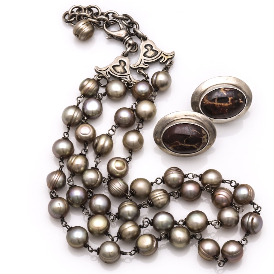 Sterling Silver Freshwater Pearl Necklace and Jasper Earrings