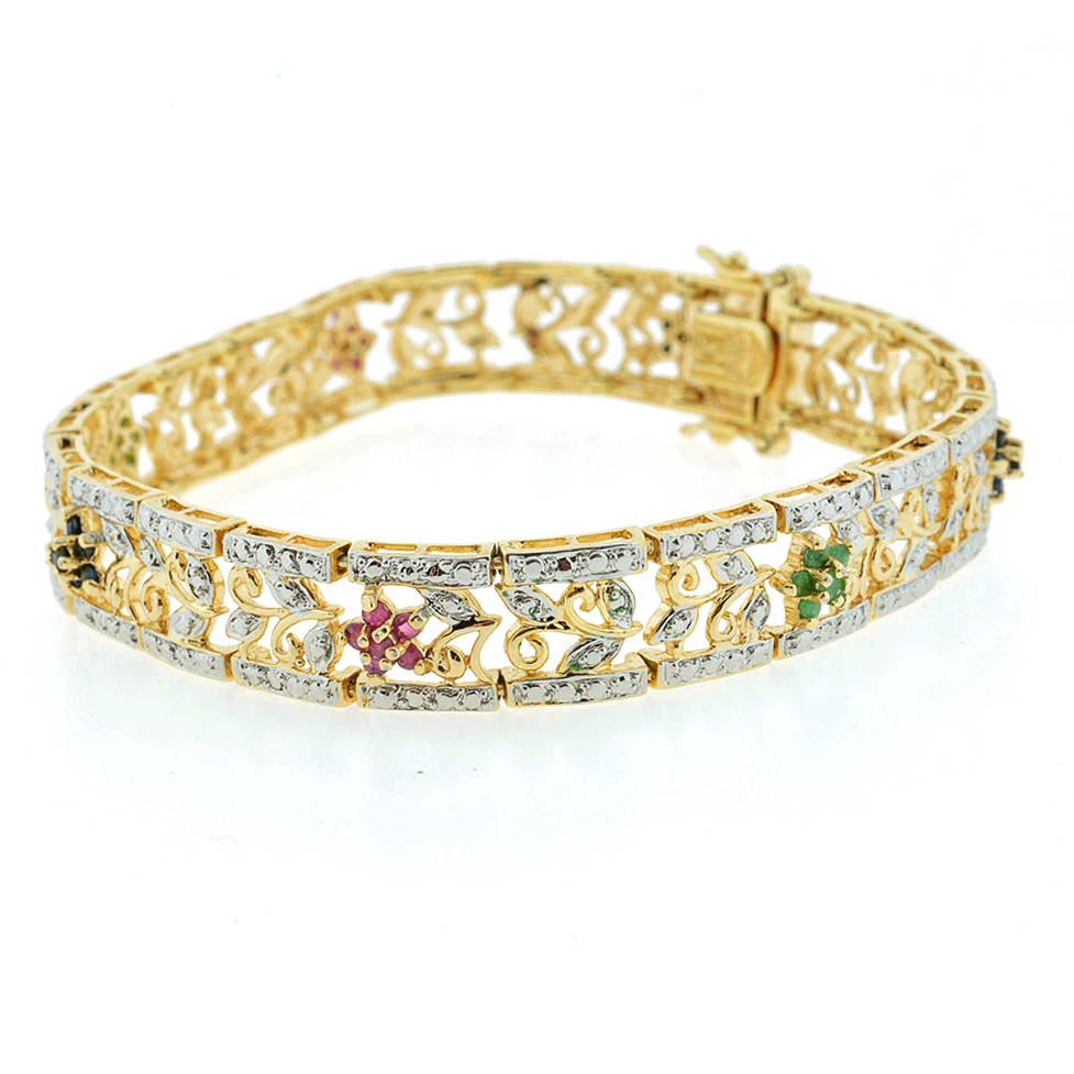 Sterling Silver Bracelet with Emerald, Ruby, and Blue Sapphire Flowers