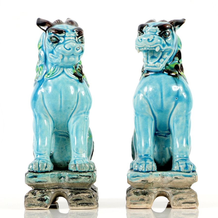 Pair of Antique Chinese Ceramic Sculptures of Guardian Lions