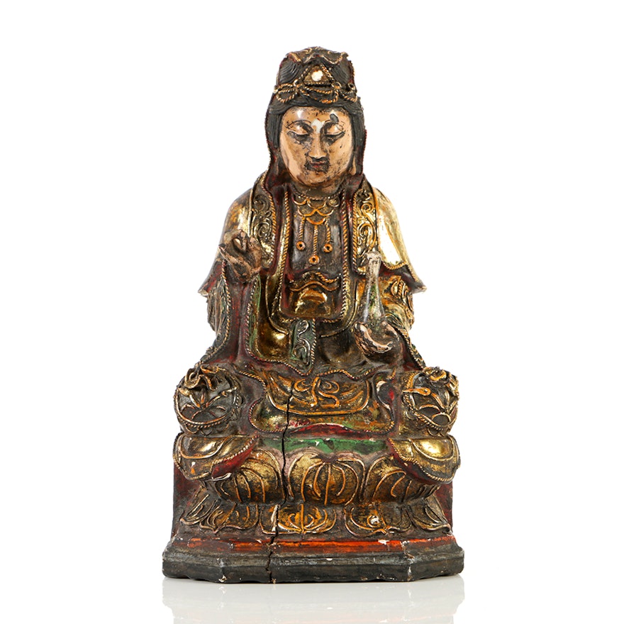 Antique Chinese Wood and Polychrome Gilt Sculpture of Guanyin