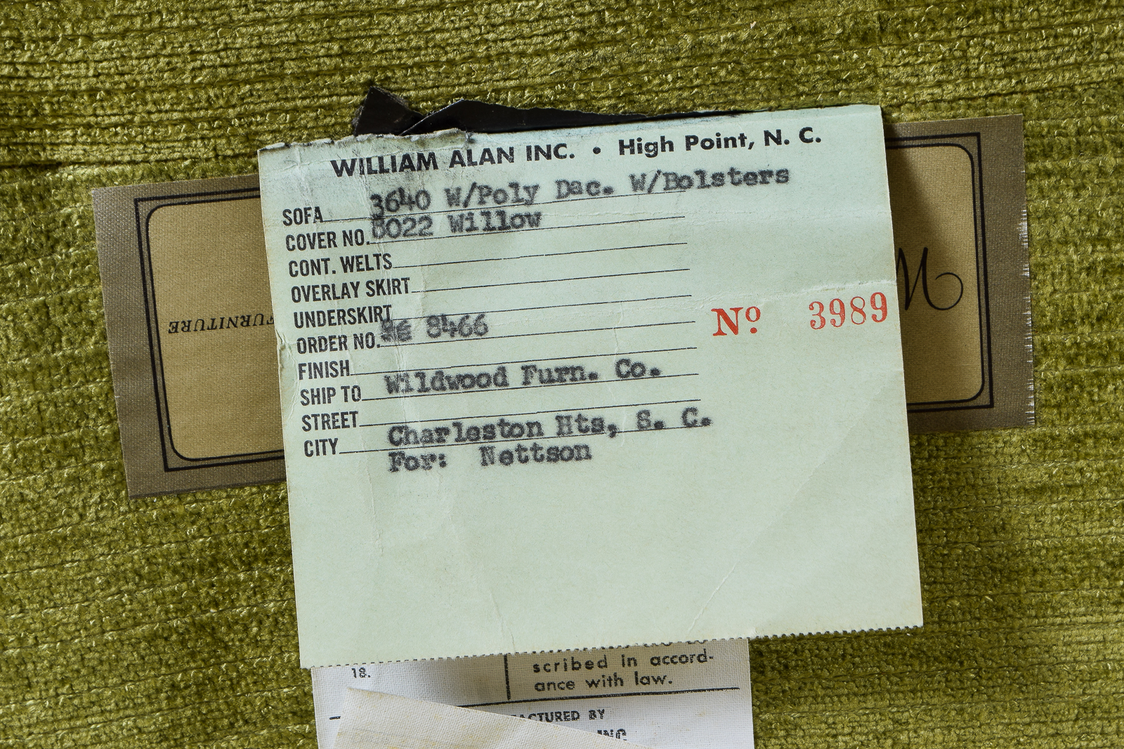 Vintage Green Chenille Couch by William Alan, Inc.