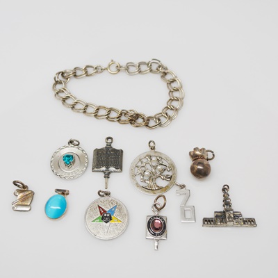 Sterling Silver Charm Bracelet and Ten Charms