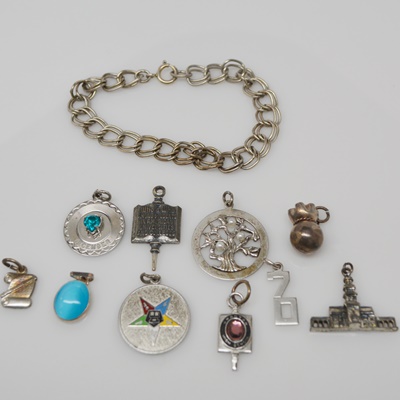 Sterling Silver Charm Bracelet and Ten Charms