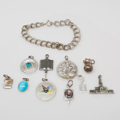 Sterling Silver Charm Bracelet and Ten Charms