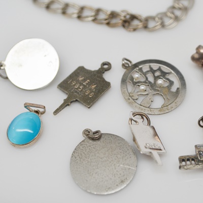 Sterling Silver Charm Bracelet and Ten Charms