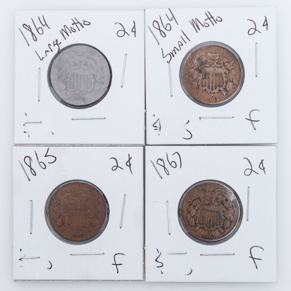 1864, 1865, and 1867 Two Cent Coins