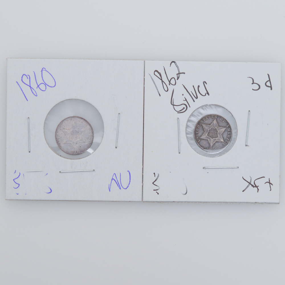 1862 and 1860 Silver Three Cent Coins