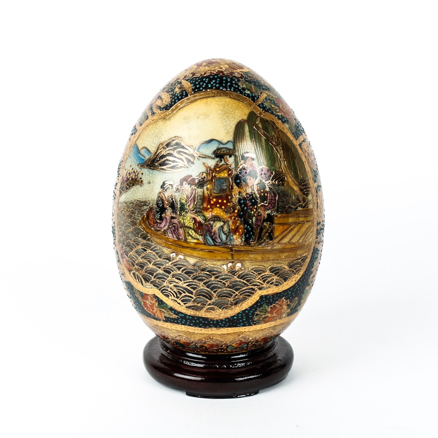 Chinese Satsuma Style Hand Painted Decorative Egg on Wooden Stand