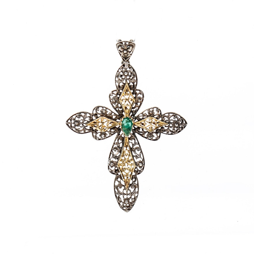 Antique Silver Yellow Gold Plated Accented Emerald Cross Pendant