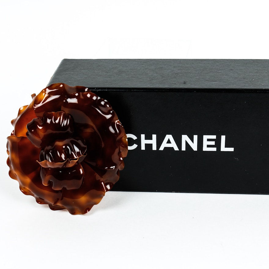 Chanel Faux Tortoiseshell Camellia Brooch