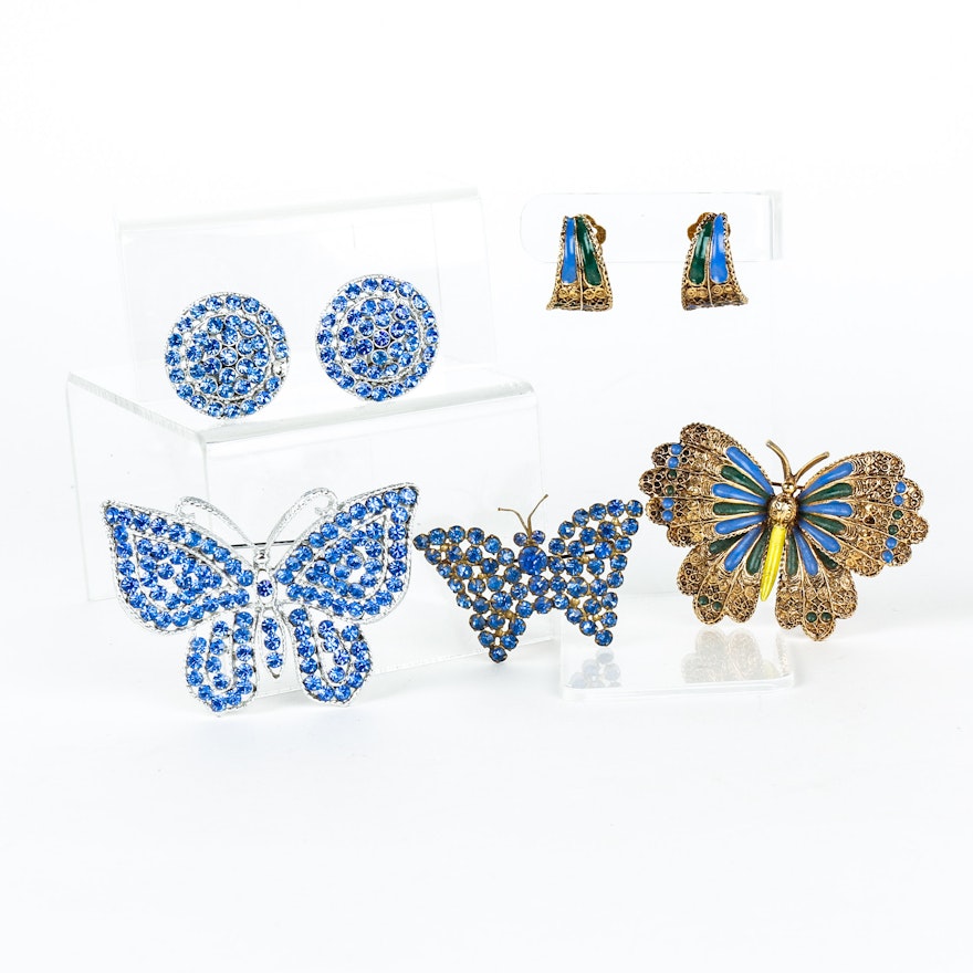 Blue Rhinestone and Enameled Butterfly and Earring Sets Including Weiss and Czech Rhinestone