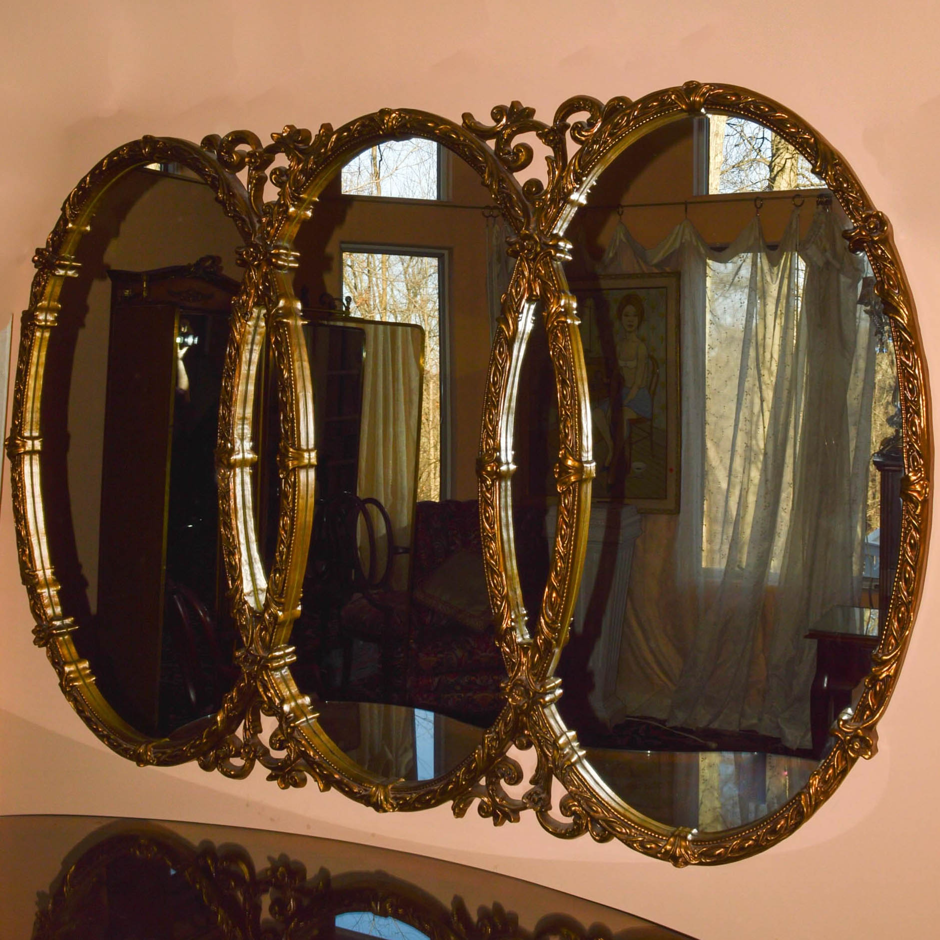 Vintage Hollywood Regency Style Triple Oval Mirror