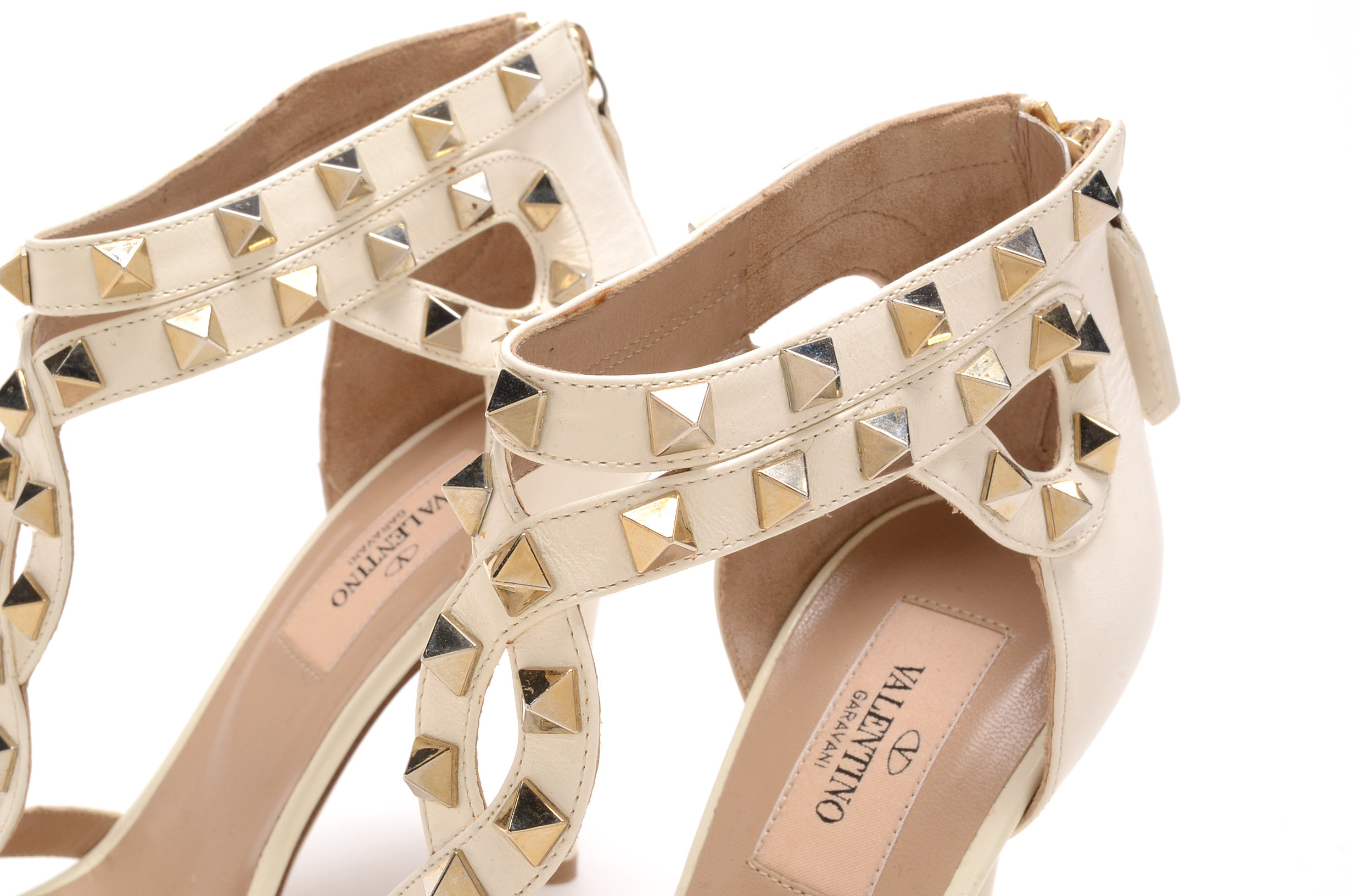 Valentino Garavani Ivory Leather Studded Open Toe Dress Sandals with Stiletto Heel