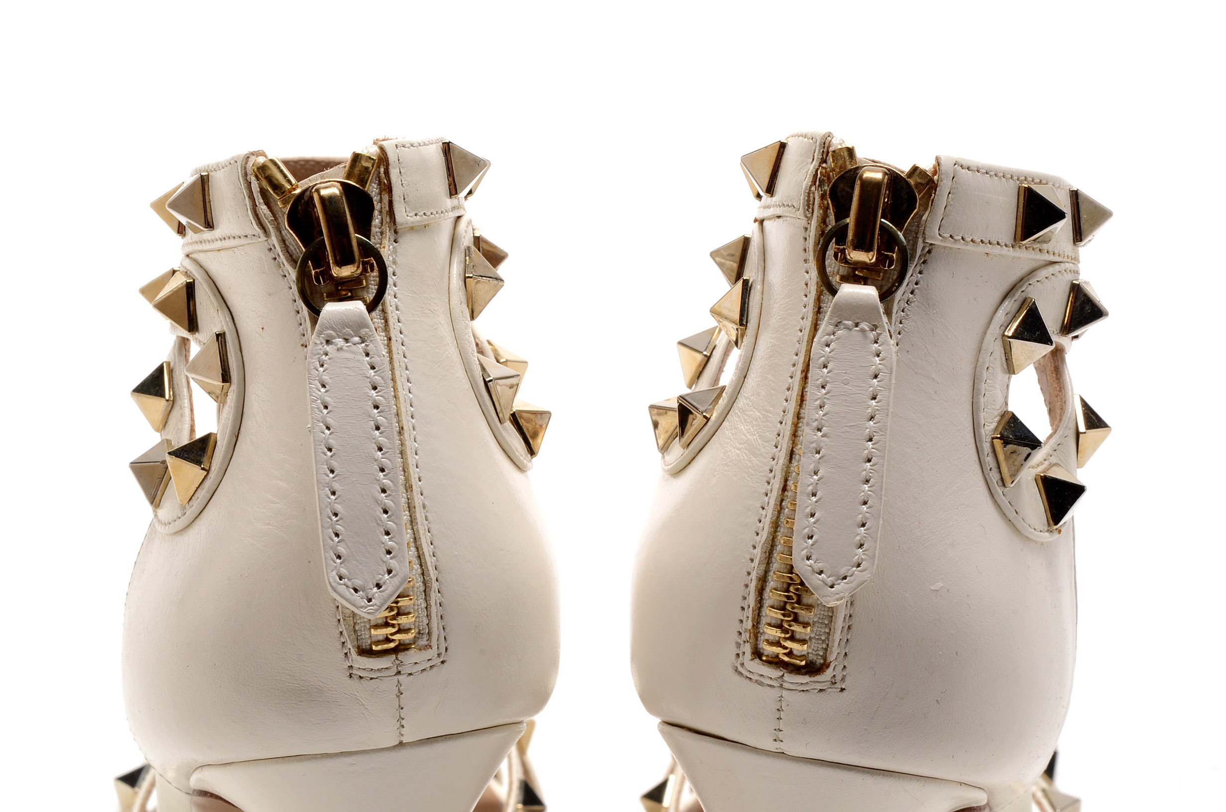 Valentino Garavani Ivory Leather Studded Open Toe Dress Sandals with Stiletto Heel