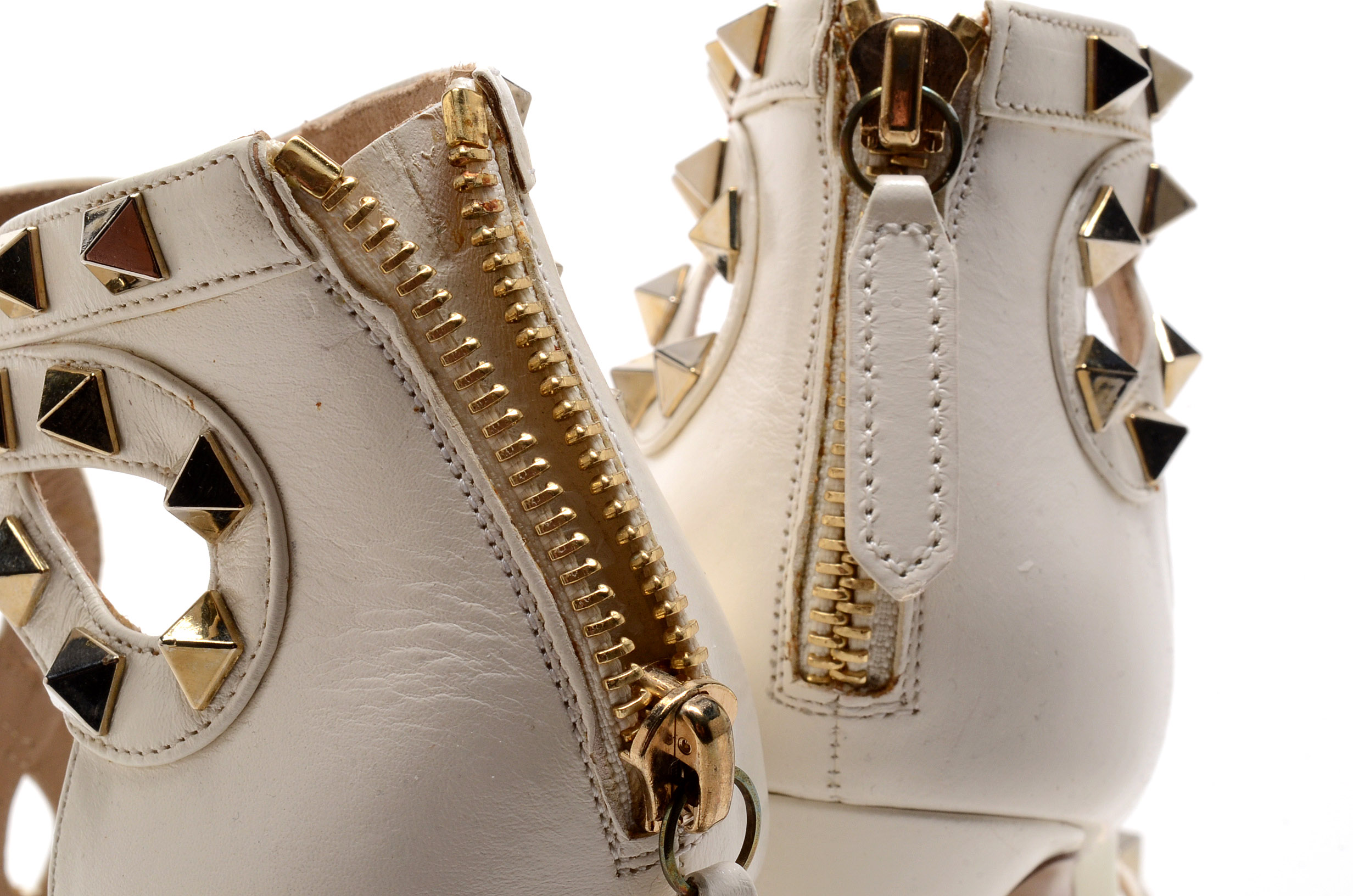 Valentino Garavani Ivory Leather Studded Open Toe Dress Sandals with Stiletto Heel