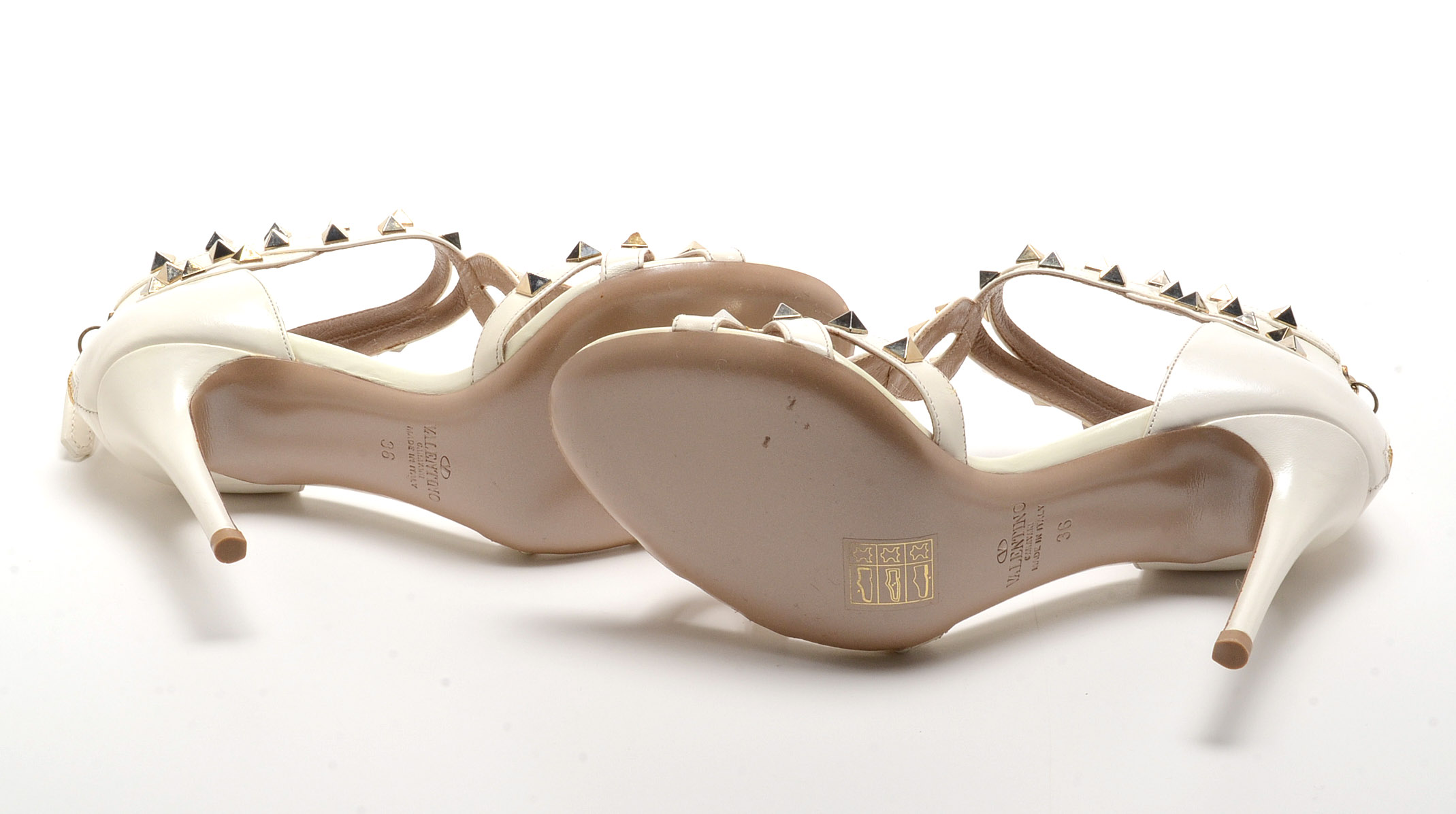 Valentino Garavani Ivory Leather Studded Open Toe Dress Sandals with Stiletto Heel