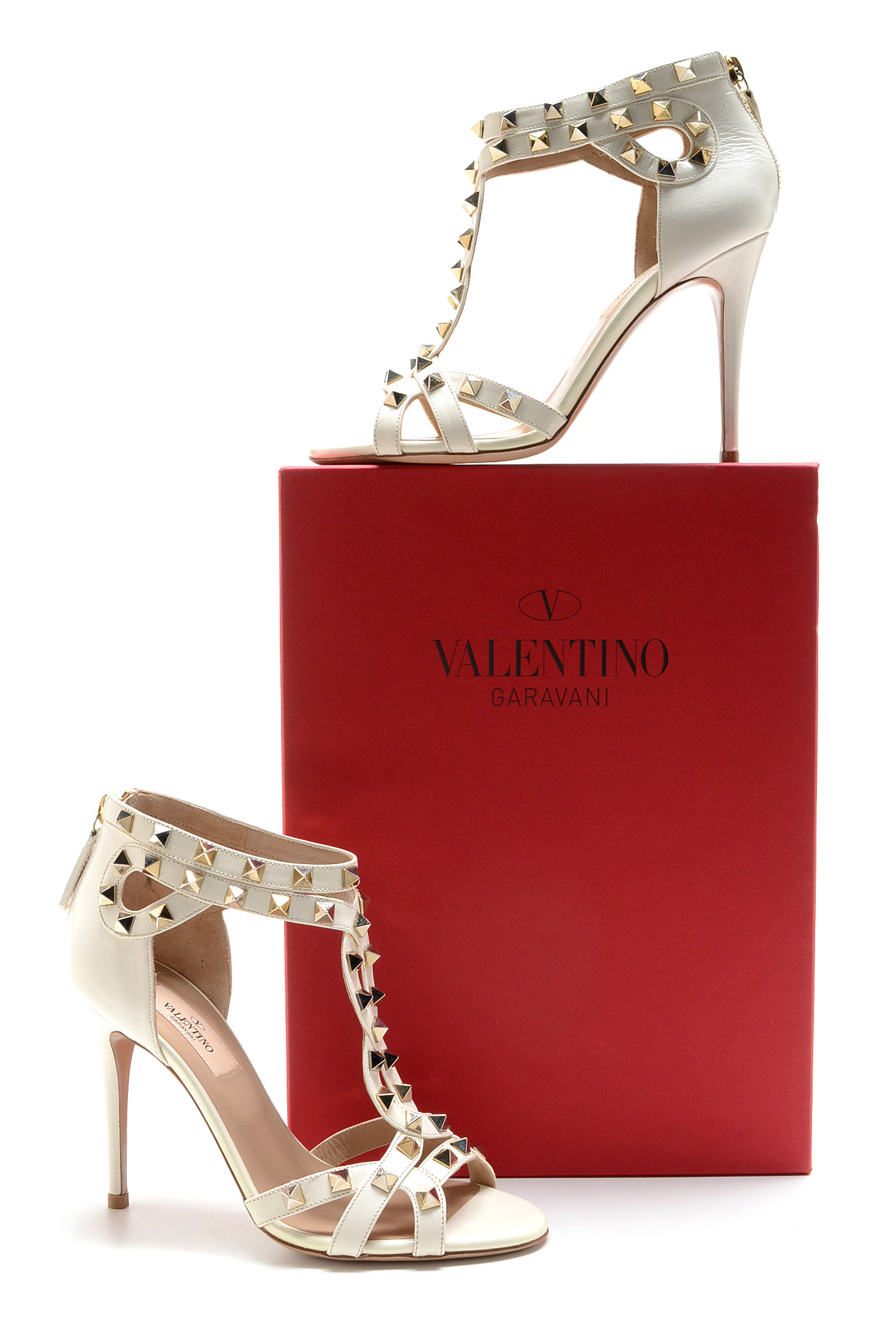 Valentino Garavani Ivory Leather Studded Open Toe Dress Sandals with Stiletto Heel