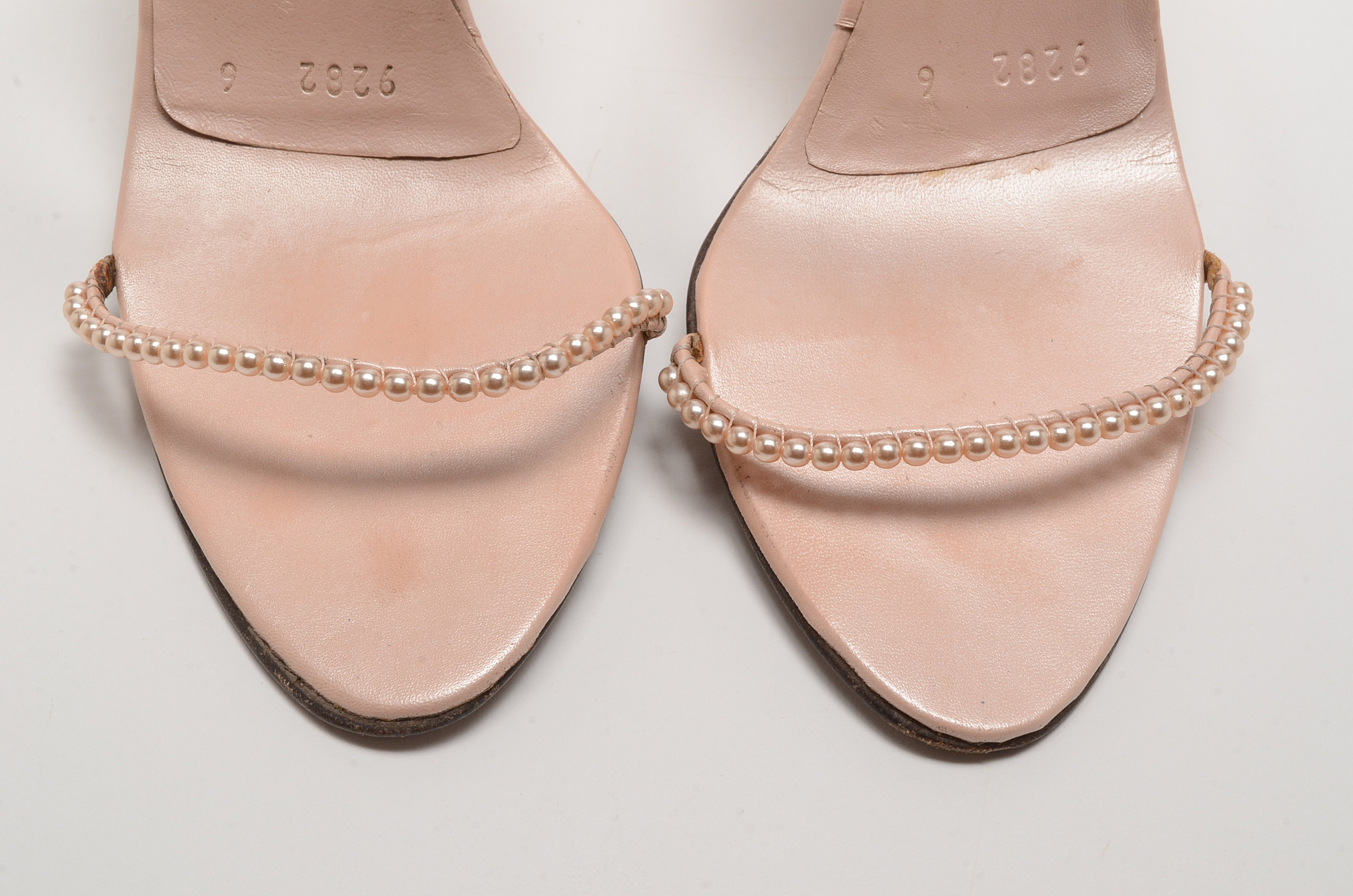 Ralph Lauren Collection Blush Leather Open Toe Sling Back Dress Sandals with Strappy Faux Pearls Susan Wore To The White House State Dinner in Washington, D.C