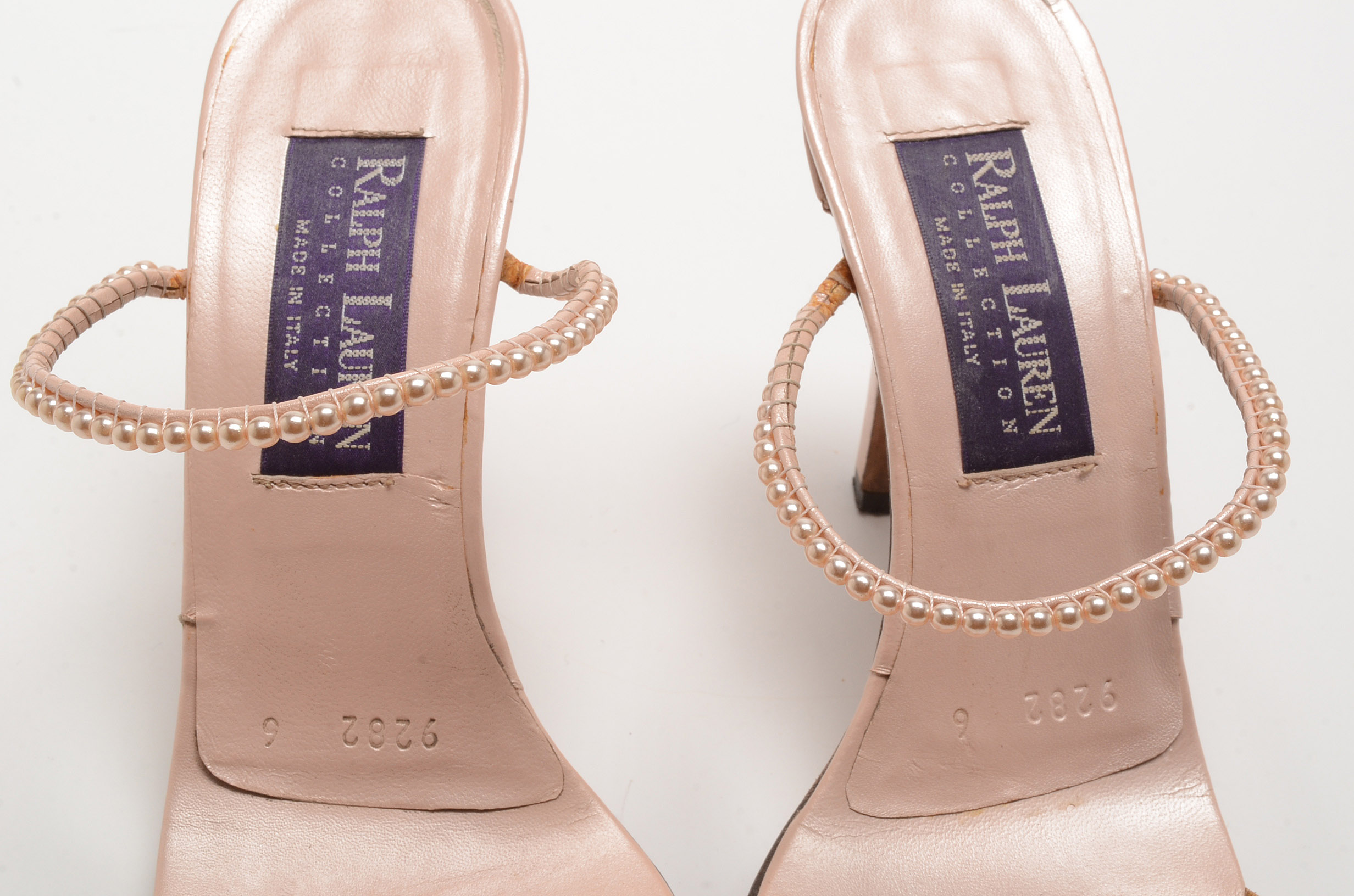 Ralph Lauren Collection Blush Leather Open Toe Sling Back Dress Sandals with Strappy Faux Pearls Susan Wore To The White House State Dinner in Washington, D.C