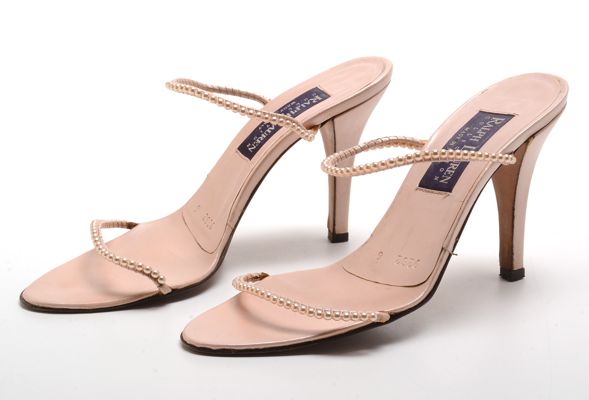 Ralph Lauren Collection Blush Leather Open Toe Sling Back Dress Sandals with Strappy Faux Pearls Susan Wore To The White House State Dinner in Washington, D.C