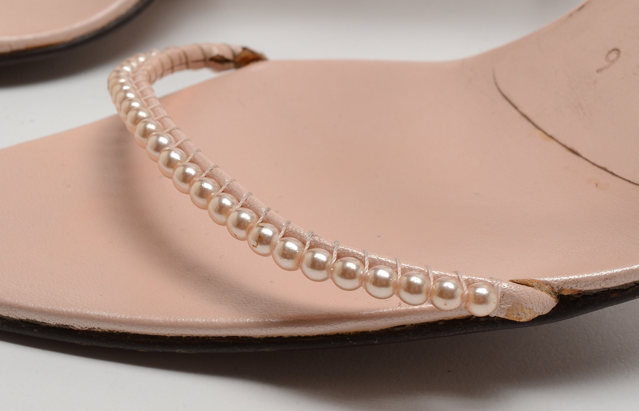 Ralph Lauren Collection Blush Leather Open Toe Sling Back Dress Sandals with Strappy Faux Pearls Susan Wore To The White House State Dinner in Washington, D.C