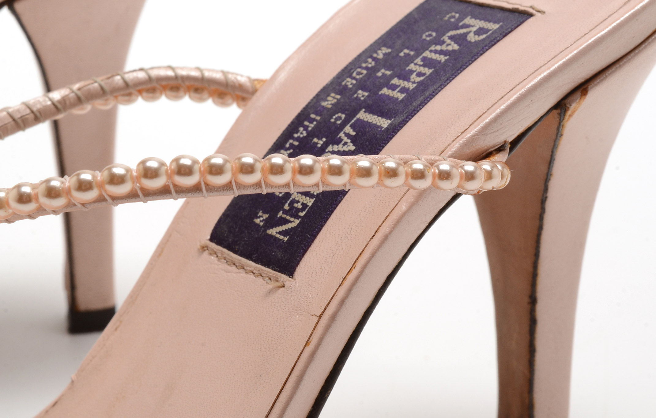 Ralph Lauren Collection Blush Leather Open Toe Sling Back Dress Sandals with Strappy Faux Pearls Susan Wore To The White House State Dinner in Washington, D.C