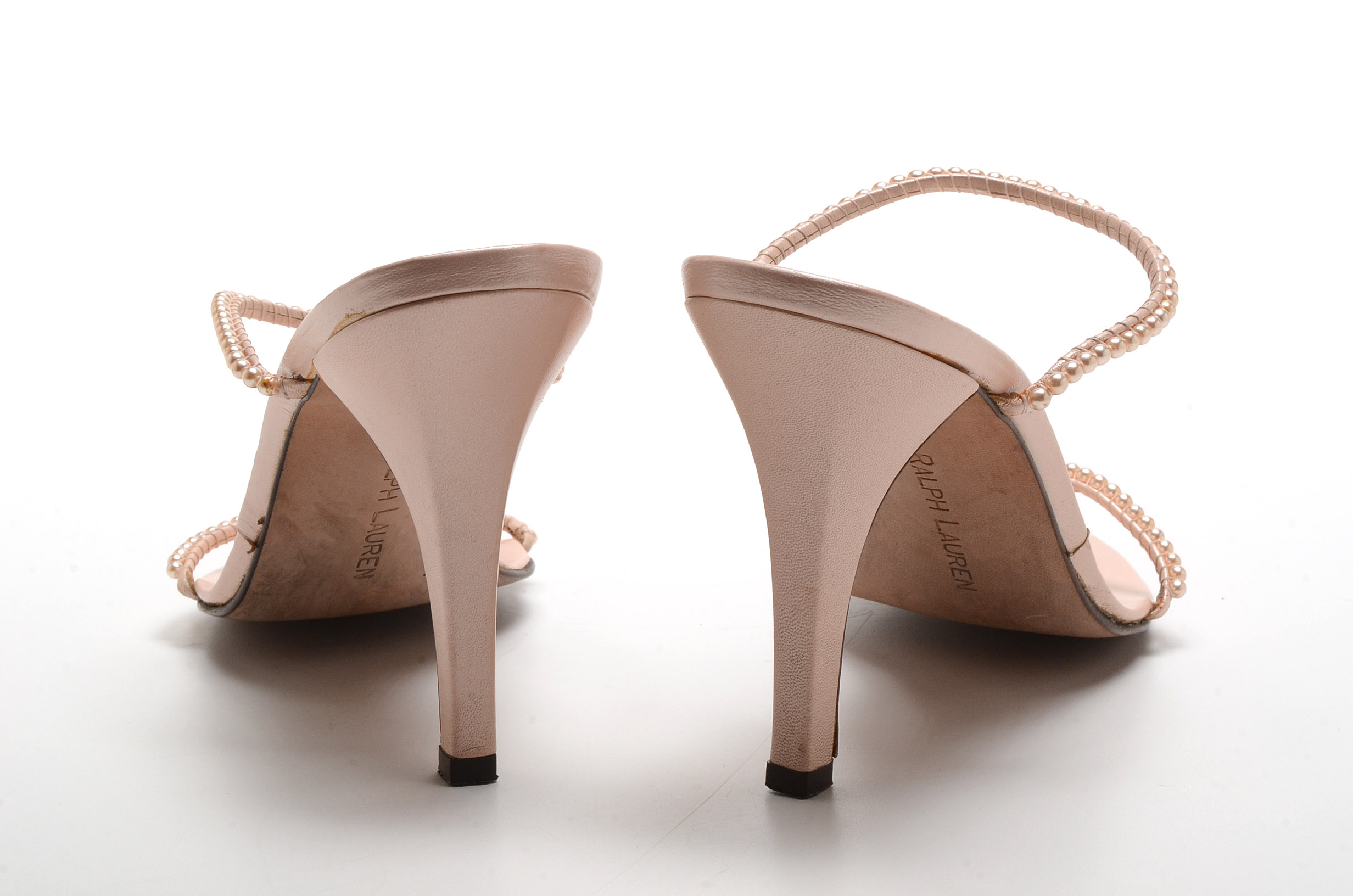 Ralph Lauren Collection Blush Leather Open Toe Sling Back Dress Sandals with Strappy Faux Pearls Susan Wore To The White House State Dinner in Washington, D.C