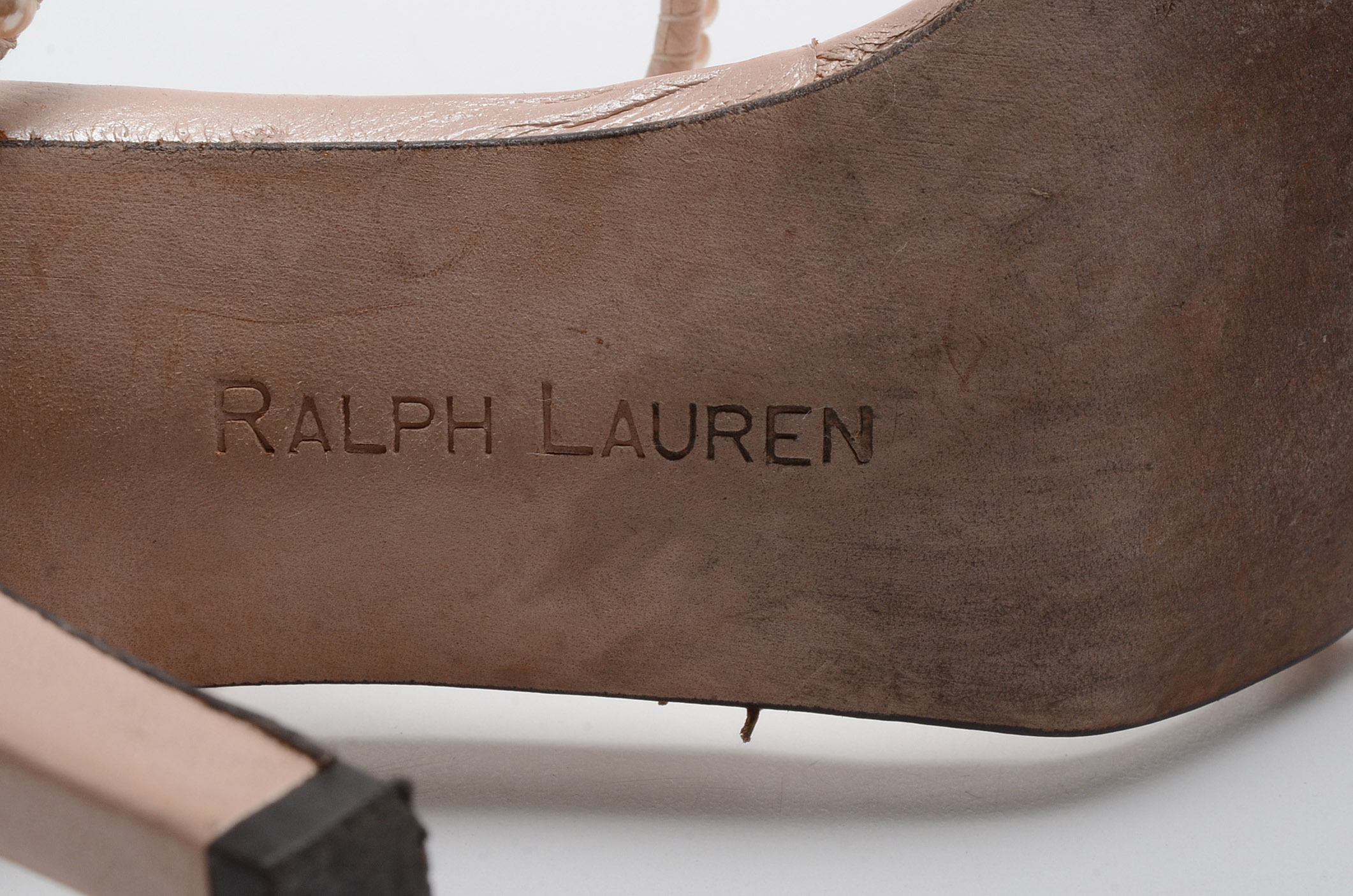 Ralph Lauren Collection Blush Leather Open Toe Sling Back Dress Sandals with Strappy Faux Pearls Susan Wore To The White House State Dinner in Washington, D.C