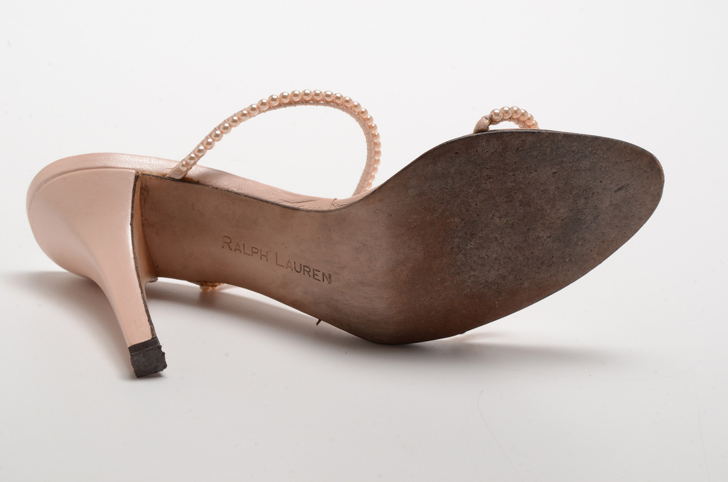 Ralph Lauren Collection Blush Leather Open Toe Sling Back Dress Sandals with Strappy Faux Pearls Susan Wore To The White House State Dinner in Washington, D.C