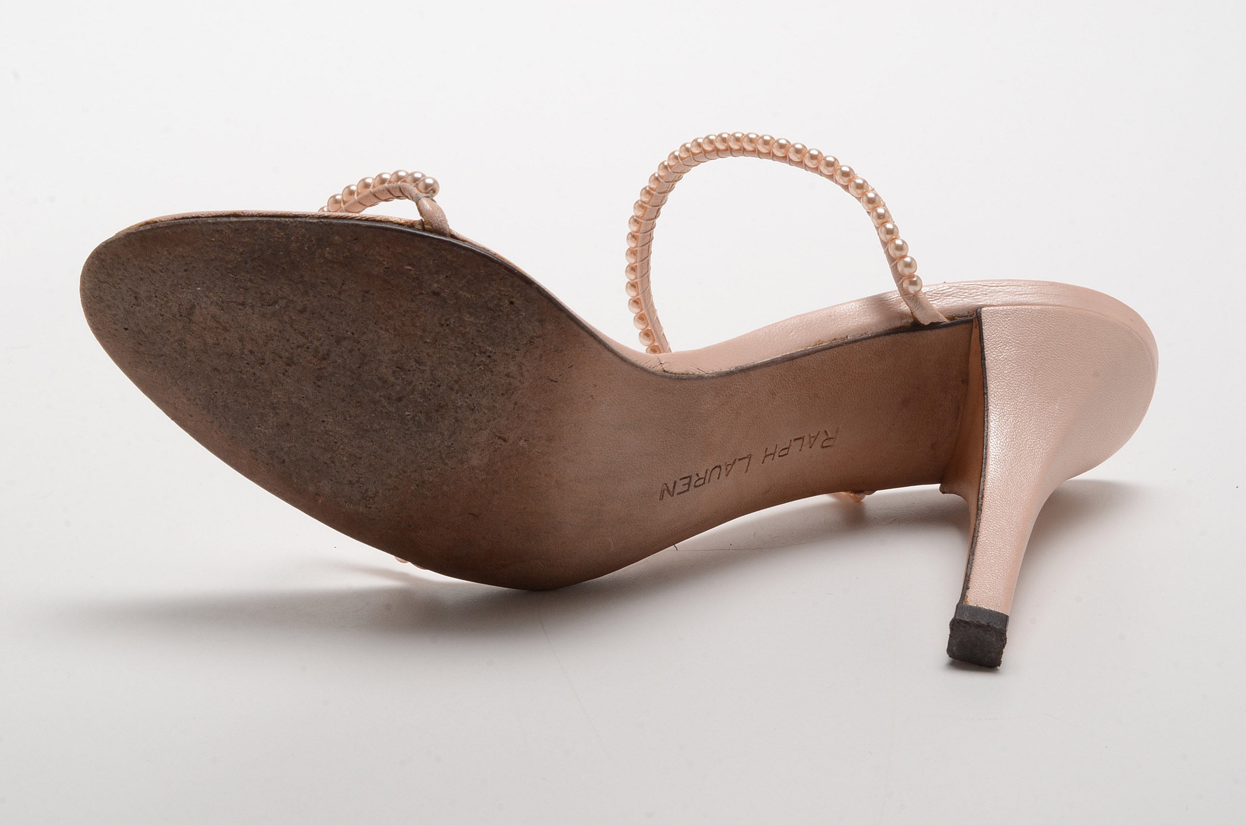 Ralph Lauren Collection Blush Leather Open Toe Sling Back Dress Sandals with Strappy Faux Pearls Susan Wore To The White House State Dinner in Washington, D.C