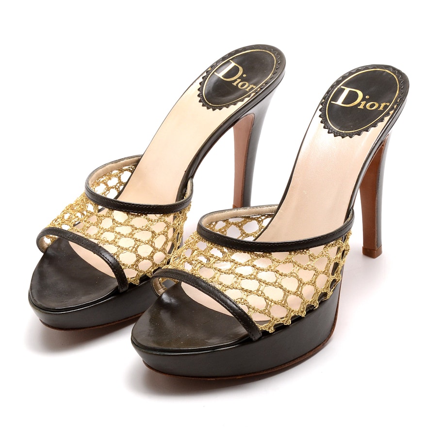 Dior Gold Metallic Woven and Green Leather Platform Slide Sandals