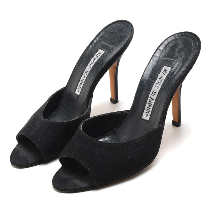 Manolo Blahnik Black Suede Leather Peep Toe Slide Dress Sandals