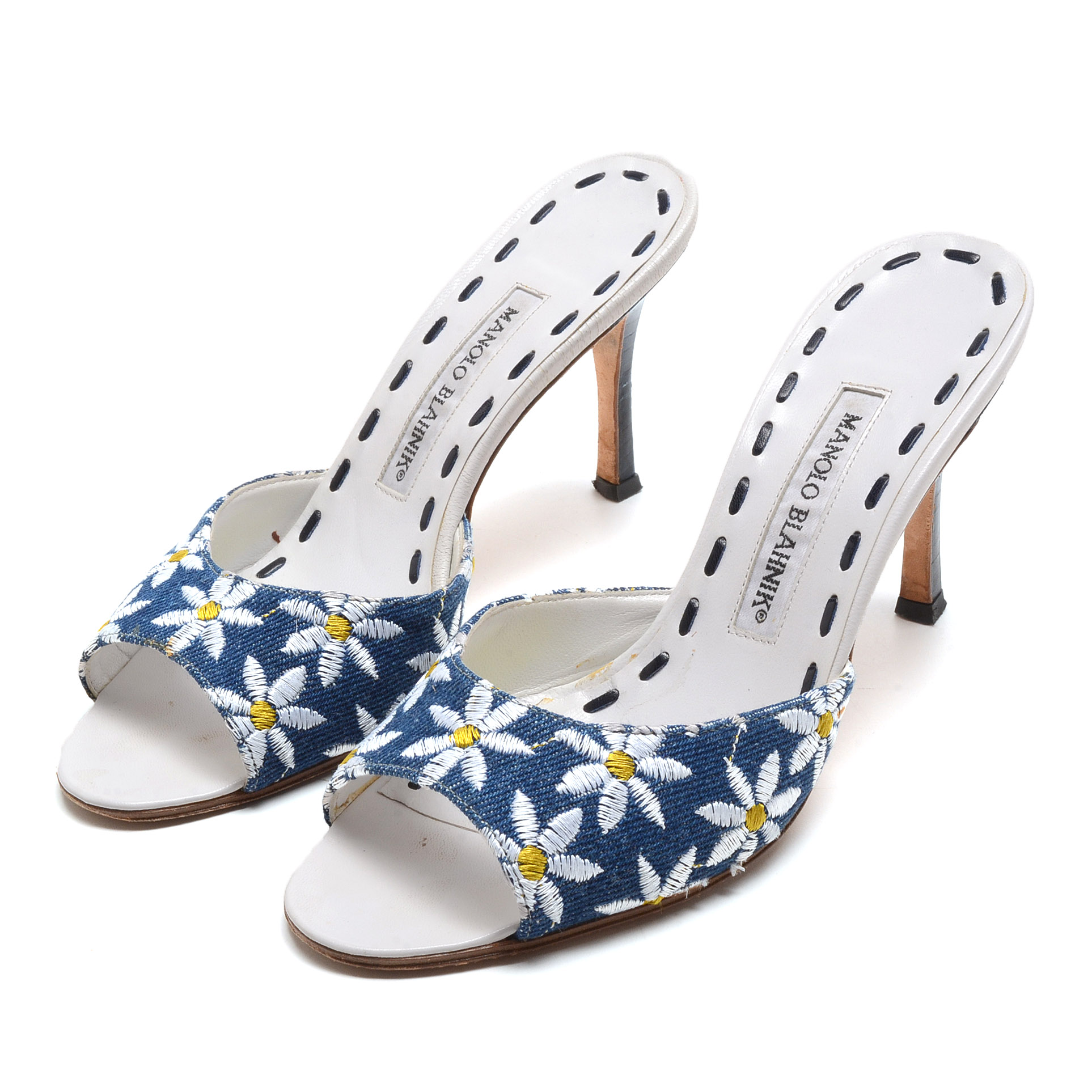 Manola Blahnik Floral Embroidered Open Toe Slide Dress Sandals