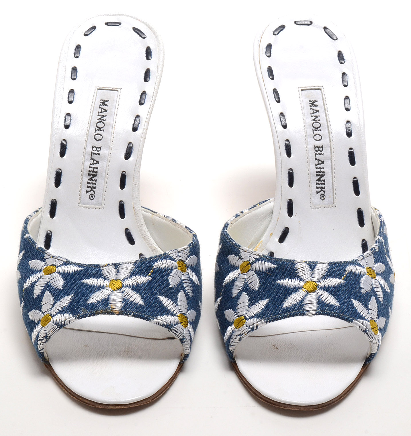 Manola Blahnik Floral Embroidered Open Toe Slide Dress Sandals