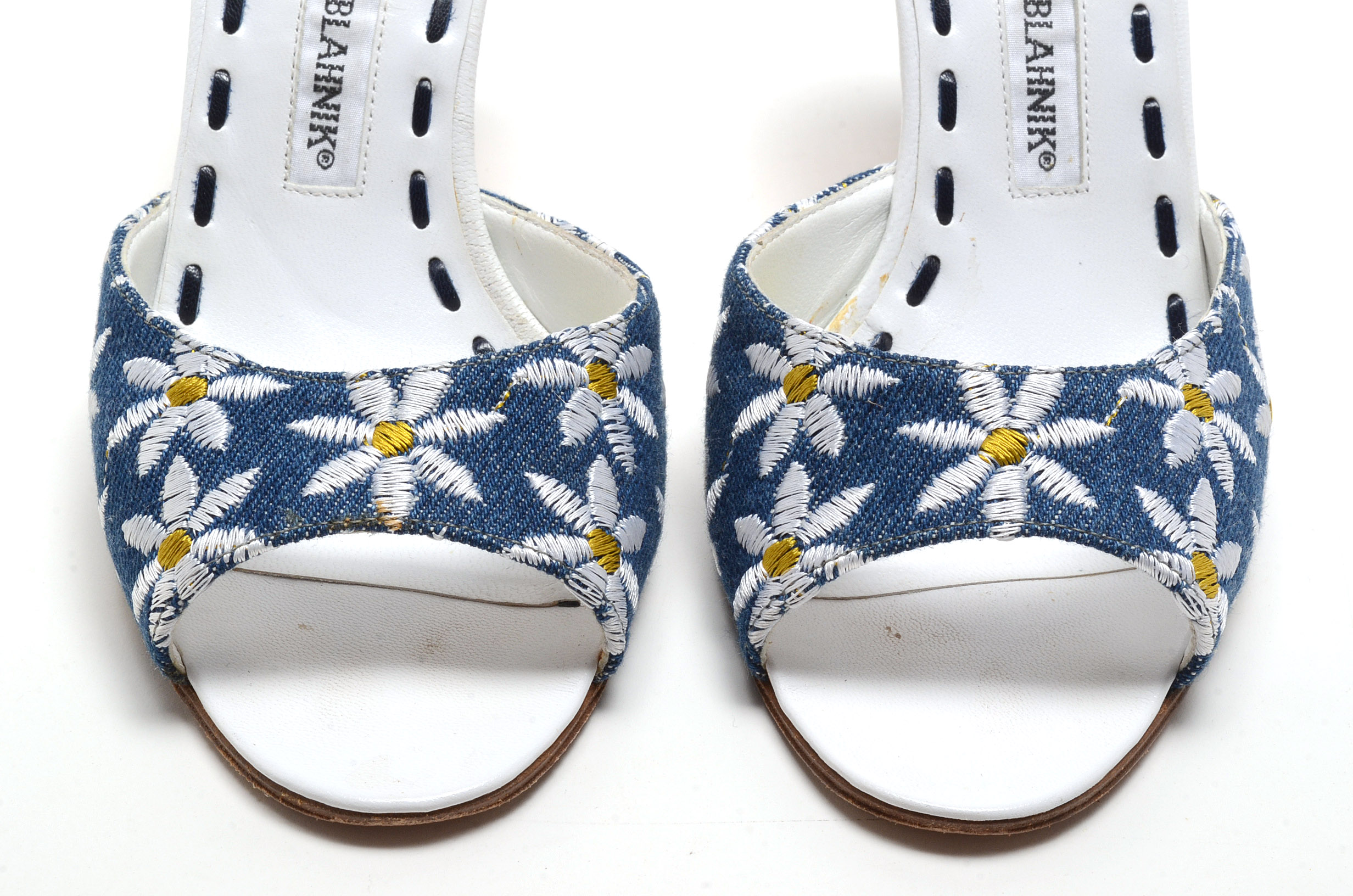 Manola Blahnik Floral Embroidered Open Toe Slide Dress Sandals