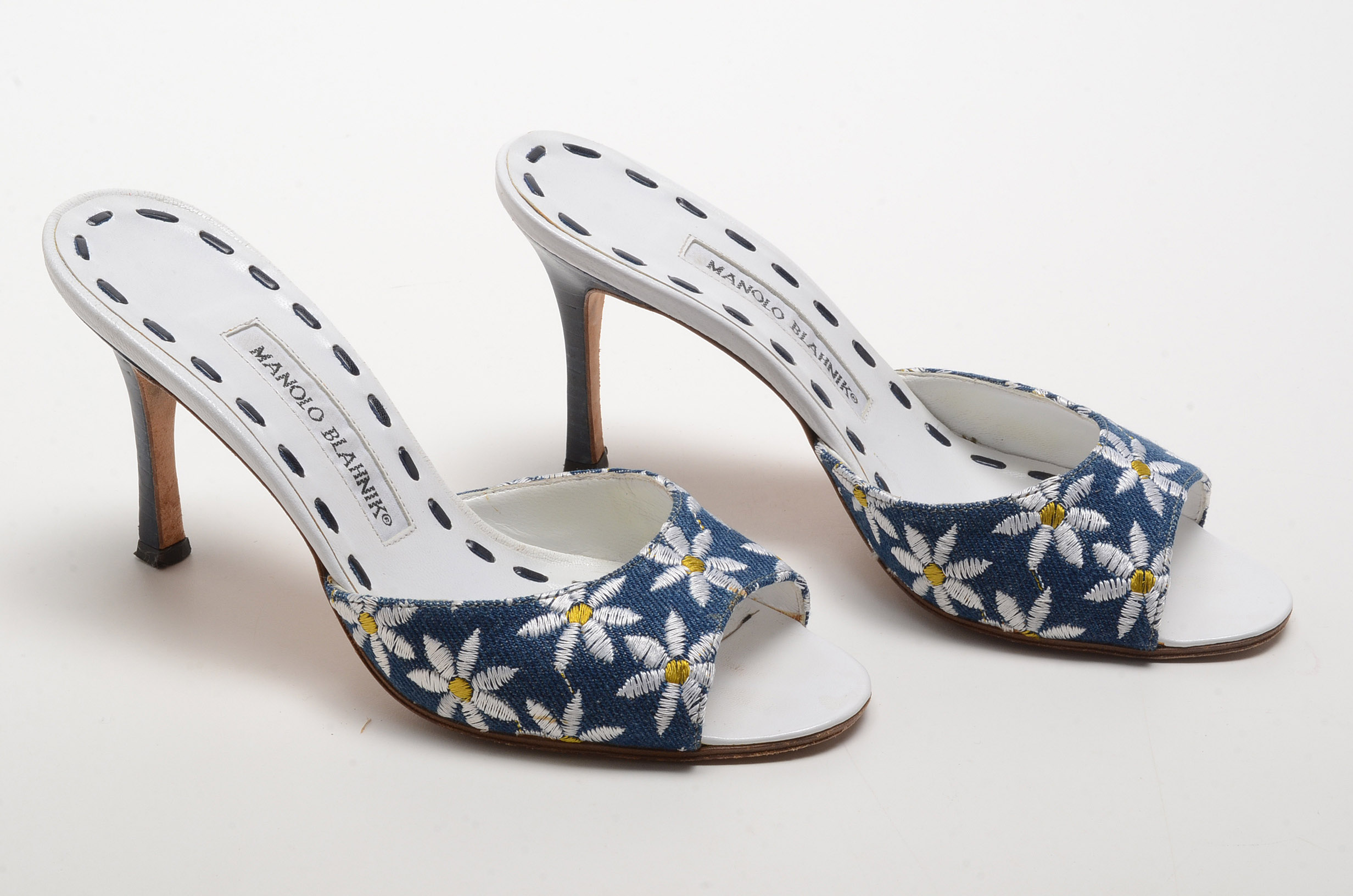 Manola Blahnik Floral Embroidered Open Toe Slide Dress Sandals